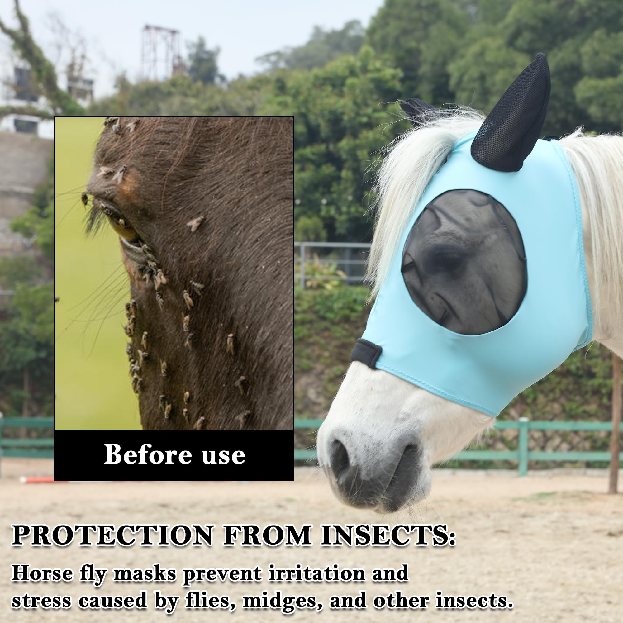Gallopoff Horse Fly Mask Large Eye Space with Ears, Super Comfort Stretchy UV Protection for Horse Lake Blue Full - Image 3