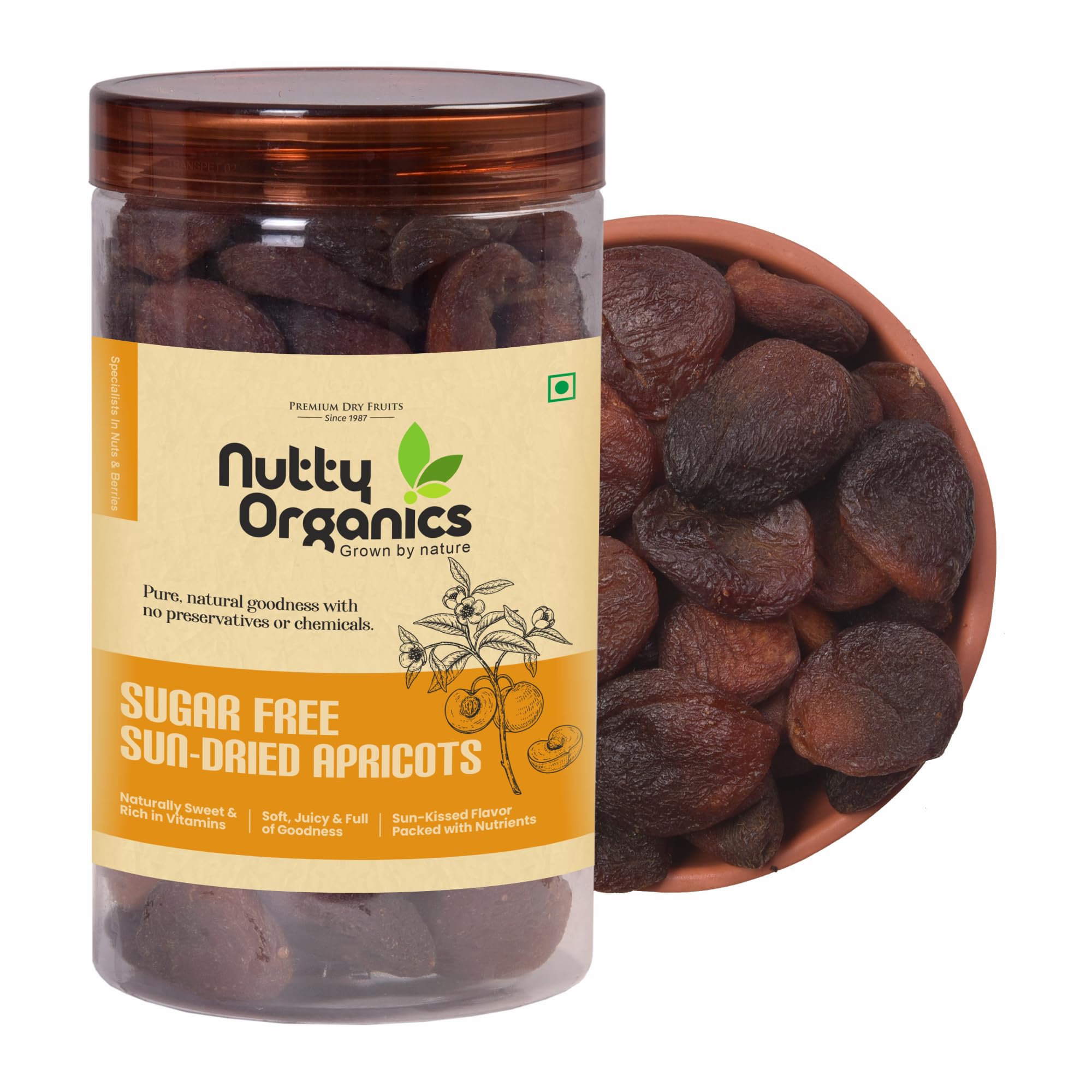 Nutty Organics 100% Natural Sun-Dried Seedless Apricots |Khumani Premium Dried Apricots | No Added Sugar, Gluten-Free, Sodium-Free | Sweet Dry Fruits (500gm)
