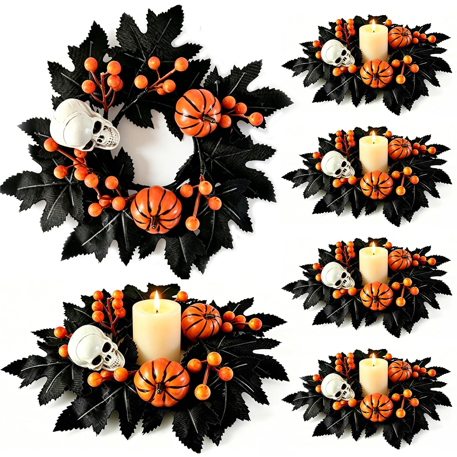 4 PCS Mini Halloween Candle Rings Skeleton Black Maple Leaves Wreaths