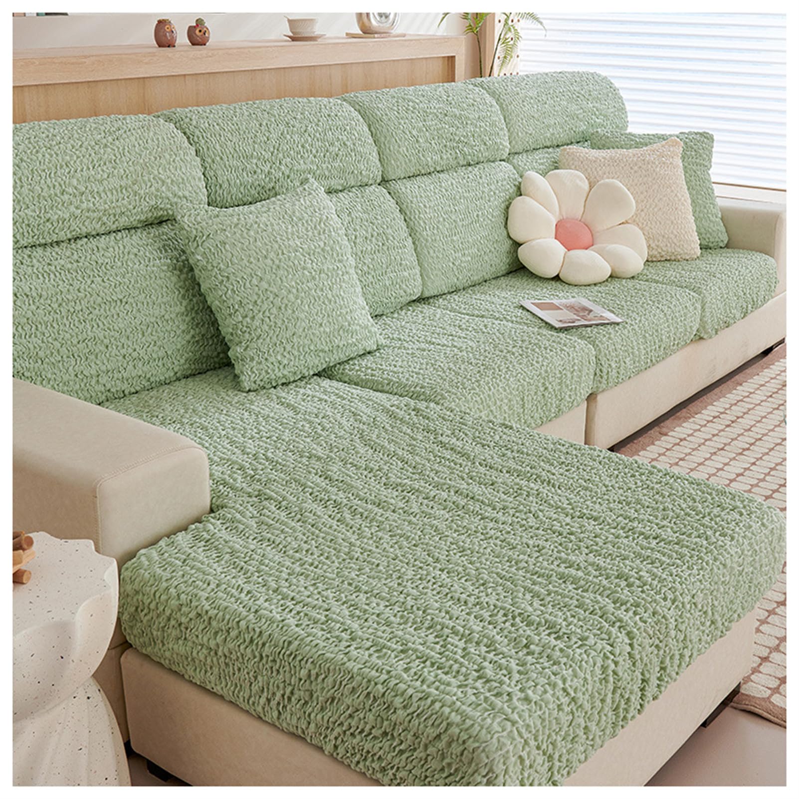 WWYL Sofa Seat Covers, 1 Piece Seersucker Sofa Cushion Cover Protection, Fitted Sofa Couch Cushion Covers Furniture Protector, Stretch Sofa Seat Cushion Cover (Green,3-Seater)