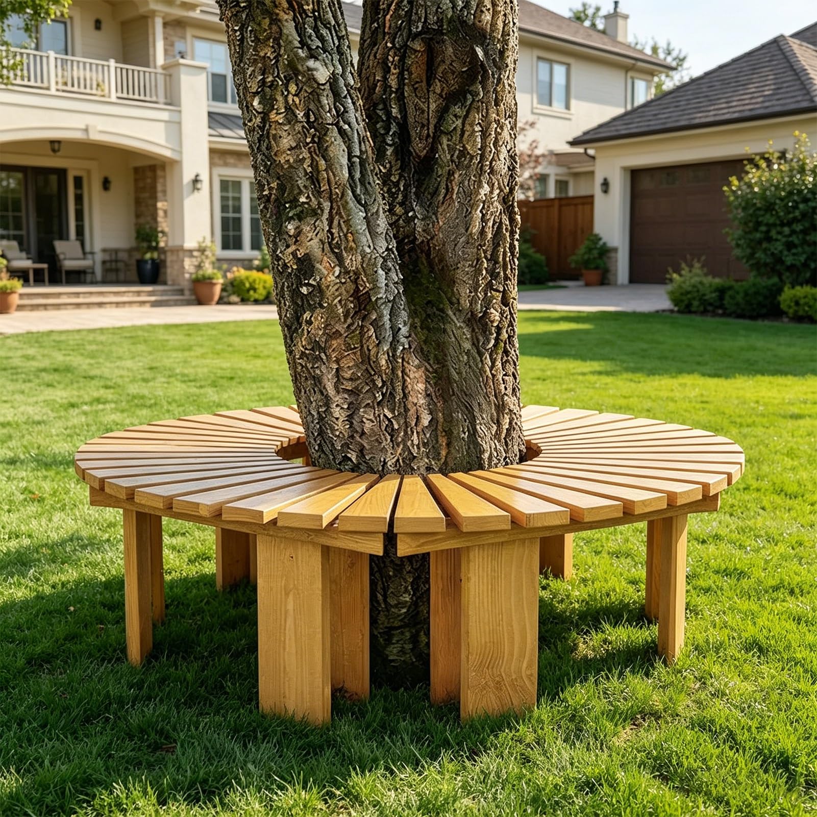 Okrągła ławka pod drzewem na werandę przed wejściem Odporna na warunki atmosferyczne ławka ogrodowa Ławka z litego drewna z listew na trawnik na podwórku(Wood Color,Round)
