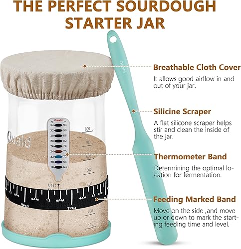 Miniatura 3 de Quald Kit de tarro de inicio de masa madre, tarro de inicio de masa madre de 35 onzas con tapa de bambú y cubierta de silicona