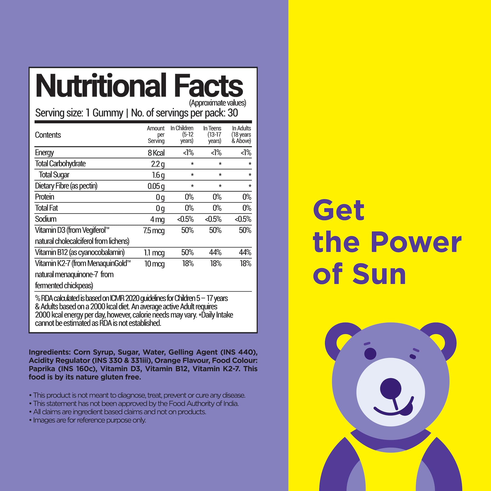 NutriBears Kids Vitamin D3 + K2 + B12 Gummies | Plant-Based Lichen D3 + MenaquinGold™ (MK-7) | No Artificial Colours | Bones, Immunity & Mood | Vegetarian | Ages 2–12 | Orange | 30 Gummy Bears 1