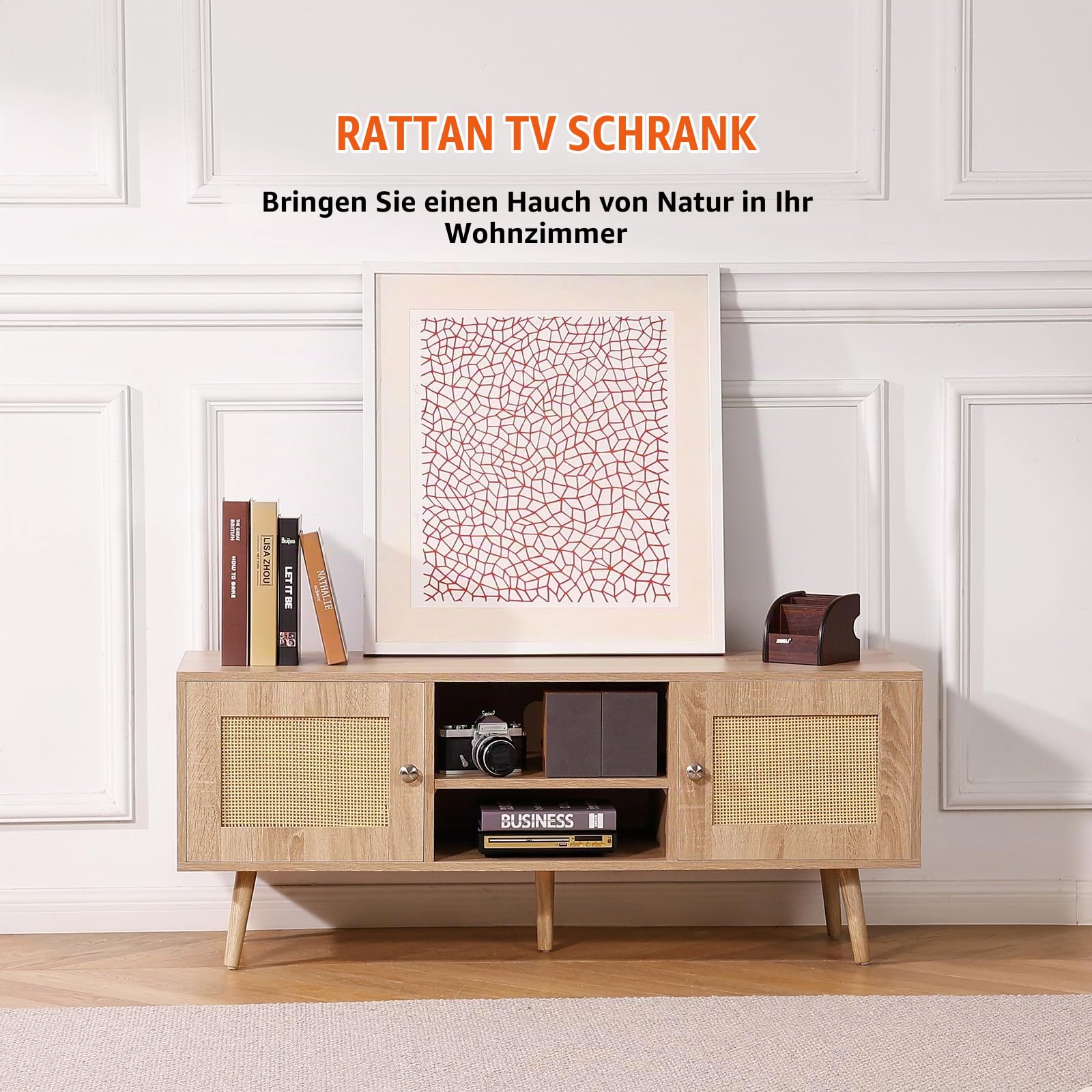 VEVOR Rattan-TV-Ständer, Fernsehschrank Boho-TV-Schrank für 140 cm Fernseher, Retro-TV-Ständer, Rattan-TV-Konsole mit verstellbaren Regalen & 2 Türen, für Wohnzimmer, Medienraum, Eiche