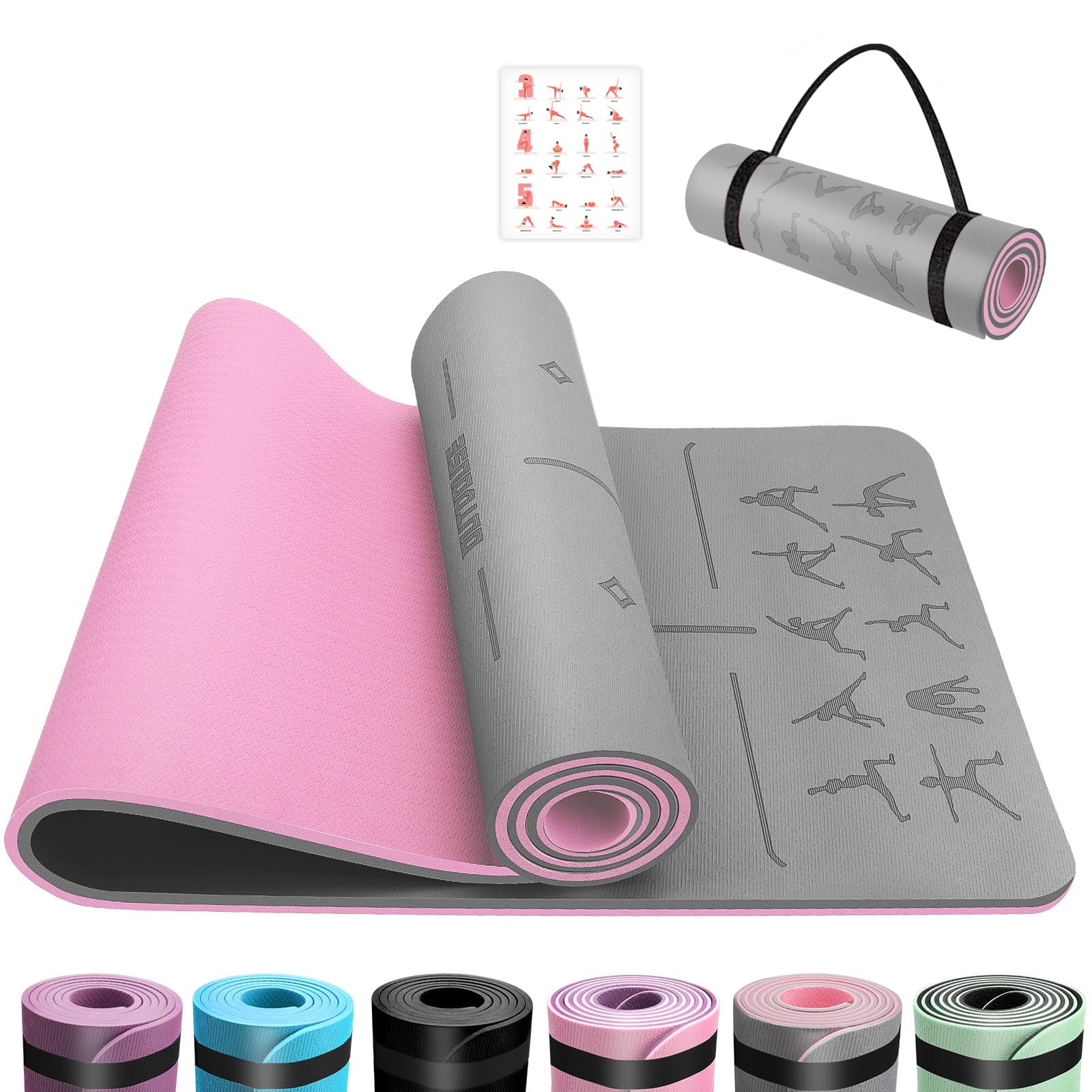 Mata do jogi, z termoplastycznego elastomeru poliestrowego o grubości 6 mm, przyjazna dla skóry, antypoślizgowa, do pilatesu, medytacji, stretchingu, z paskiem do noszenia, domowy trening | Z pozami jogi, liniami wyrównania, paskiem do noszenia, do jogi,