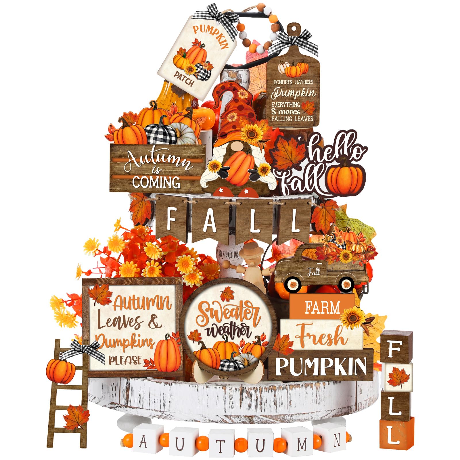 Mixed fall tiered-tray set with small wood signs, pumpkins, truck and beads