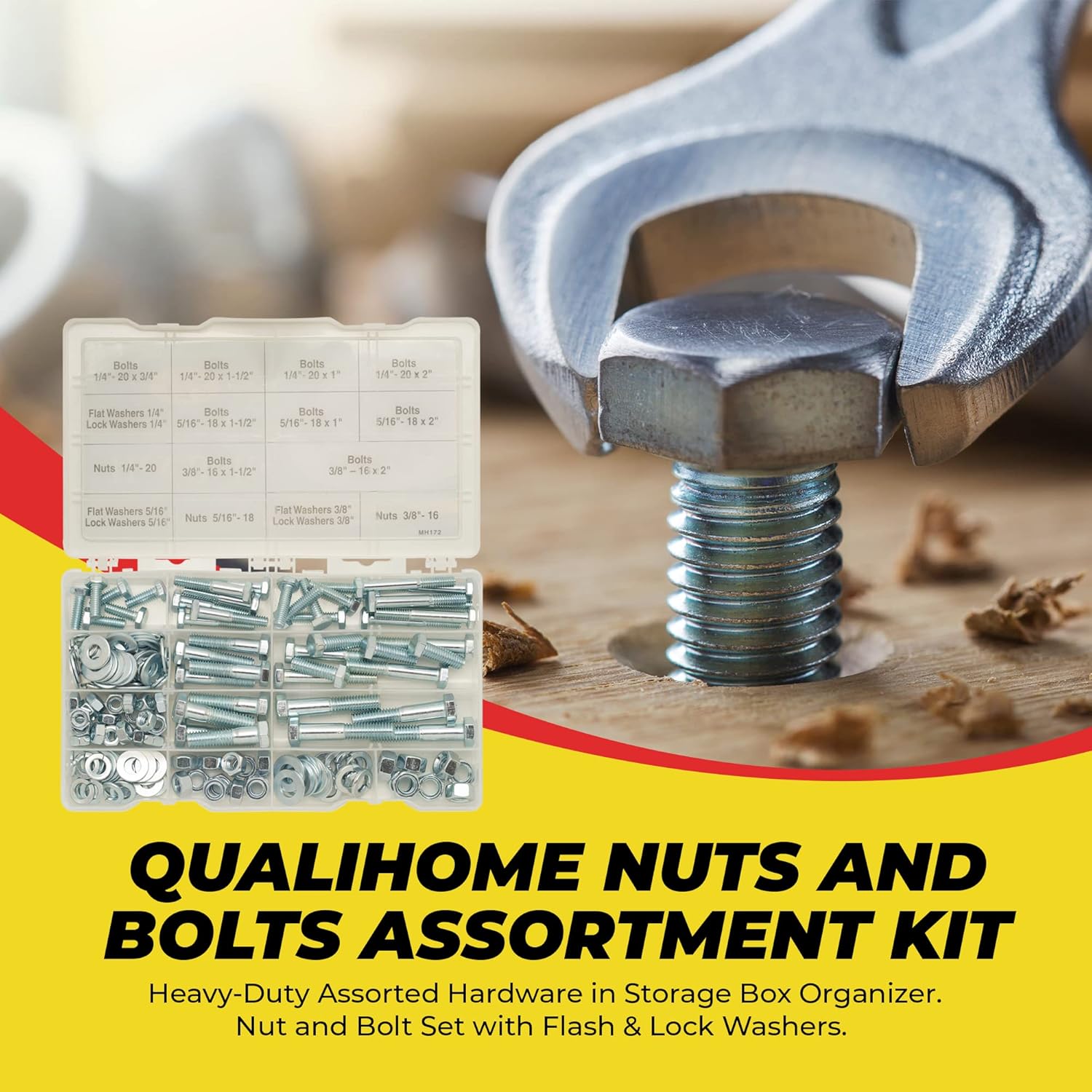 172Piece Heavy Duty Nut & Bolt Assortment Kit with 9 Popular Sizes in