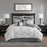Odette Cozy Comforter Set Jacquard Damask Medallion Design - Modern All Season, Down Alternative Bedding, Shams, Decorative Pillows, Cal King(104 in x 92 in), Silver 8 Piece