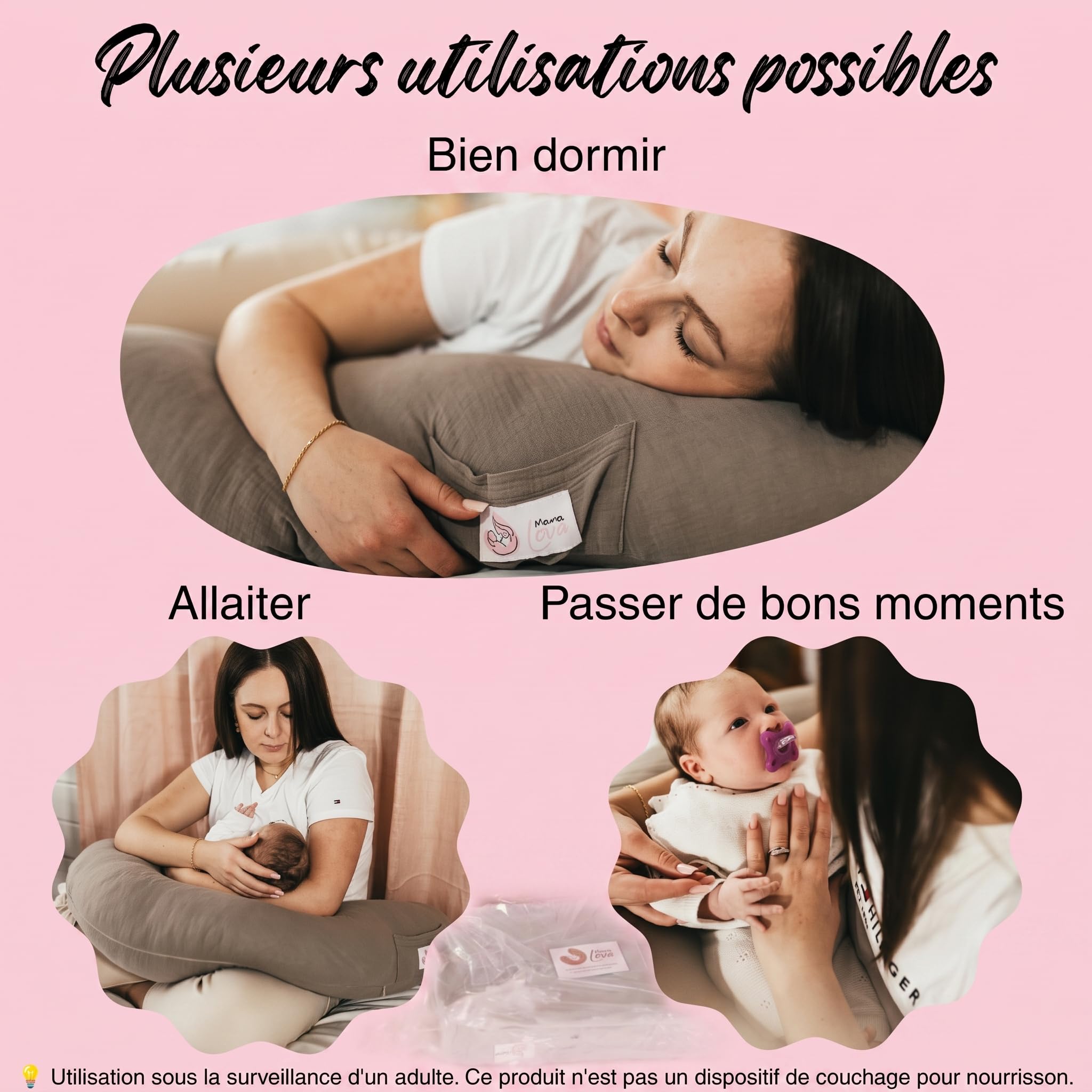 Mama Lova | Coussin de Grossesse et Coussin Allaitement Mémoire de Forme – Oreiller Ergonomique Gaze de Coton avec Housse de Rechange, Pochette & Sac. Cadeau Femme Enceinte, Coussin d’Allaitement