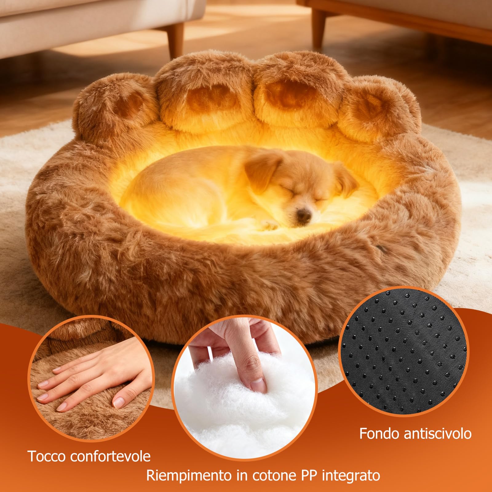 PETCUTE Letto per Gatti e Cani,Cuccia Cane Interno, Divano per Cani Lavabile,Simpatico Orso a Forma di Zampa,Morbida Lettino per Animali Domestici con Fondo Antiscivolo,Caffè,3XL