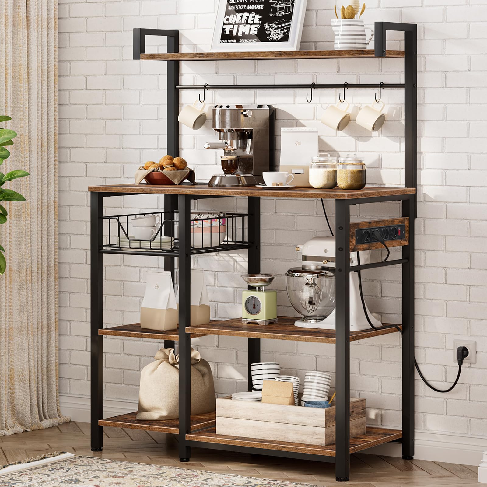 HOOBRO Küchenregal mit Steckdosen, Standregal für Küche, Regal, Mikrowellen-Ofenständer mit 4 S-Haken, 40 x 90 x 132 cm, rustikales Braun und Schwarz EBF05CHB01G1