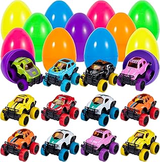 ThinkMax Easter Pull Back Car,12pcs Easter Egg filled with Kids Toy Car,Easter Egg Hunt and Easter Party Favors…