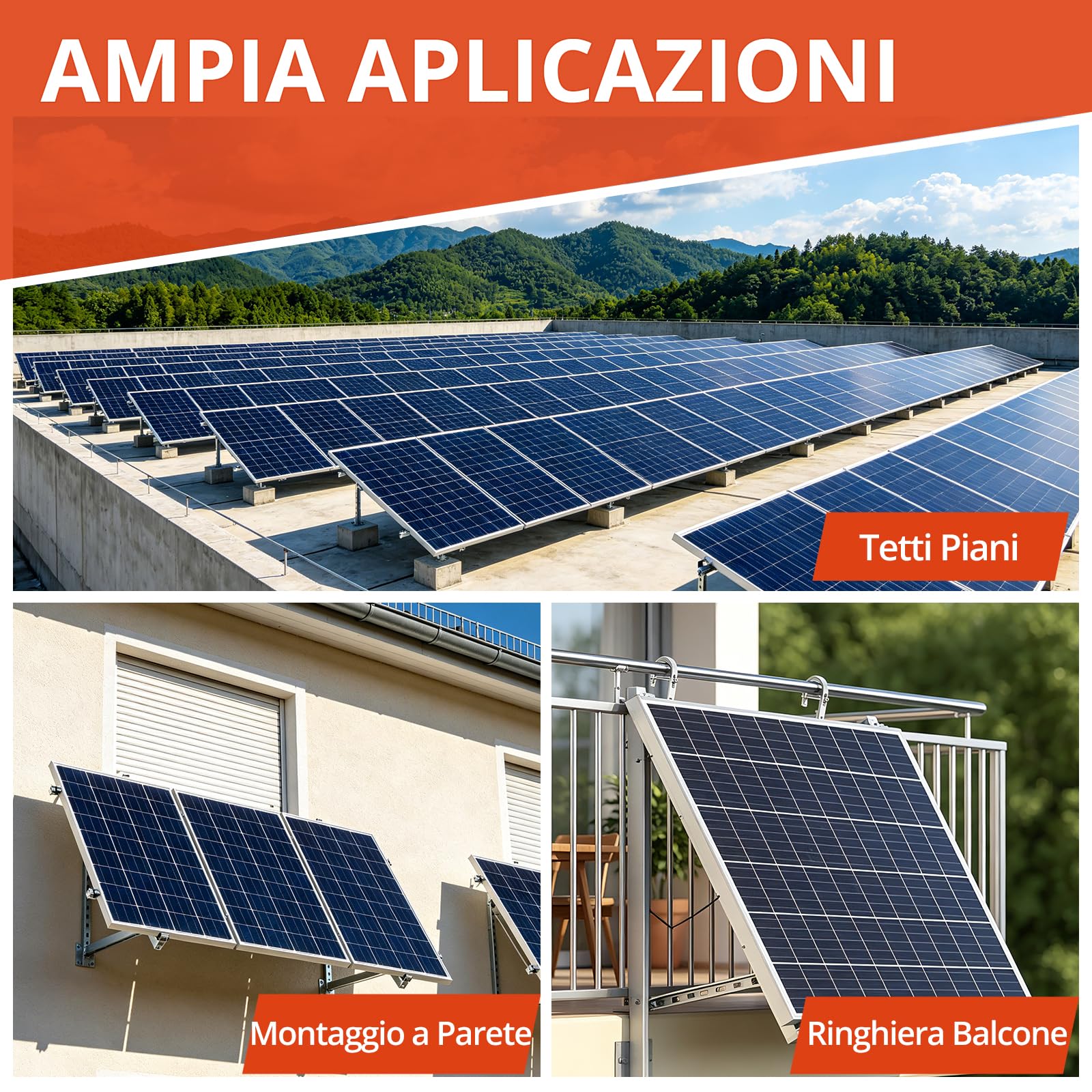 GETLITOOL Soporte Panel Solar 3 en 1 Aluminio Ajustable Balcón Pared Suelo | Ángulo 15-45°, ancho 900-1200mm, para módulo fotovoltaico hasta 1134mm, kit completo montaje balconera