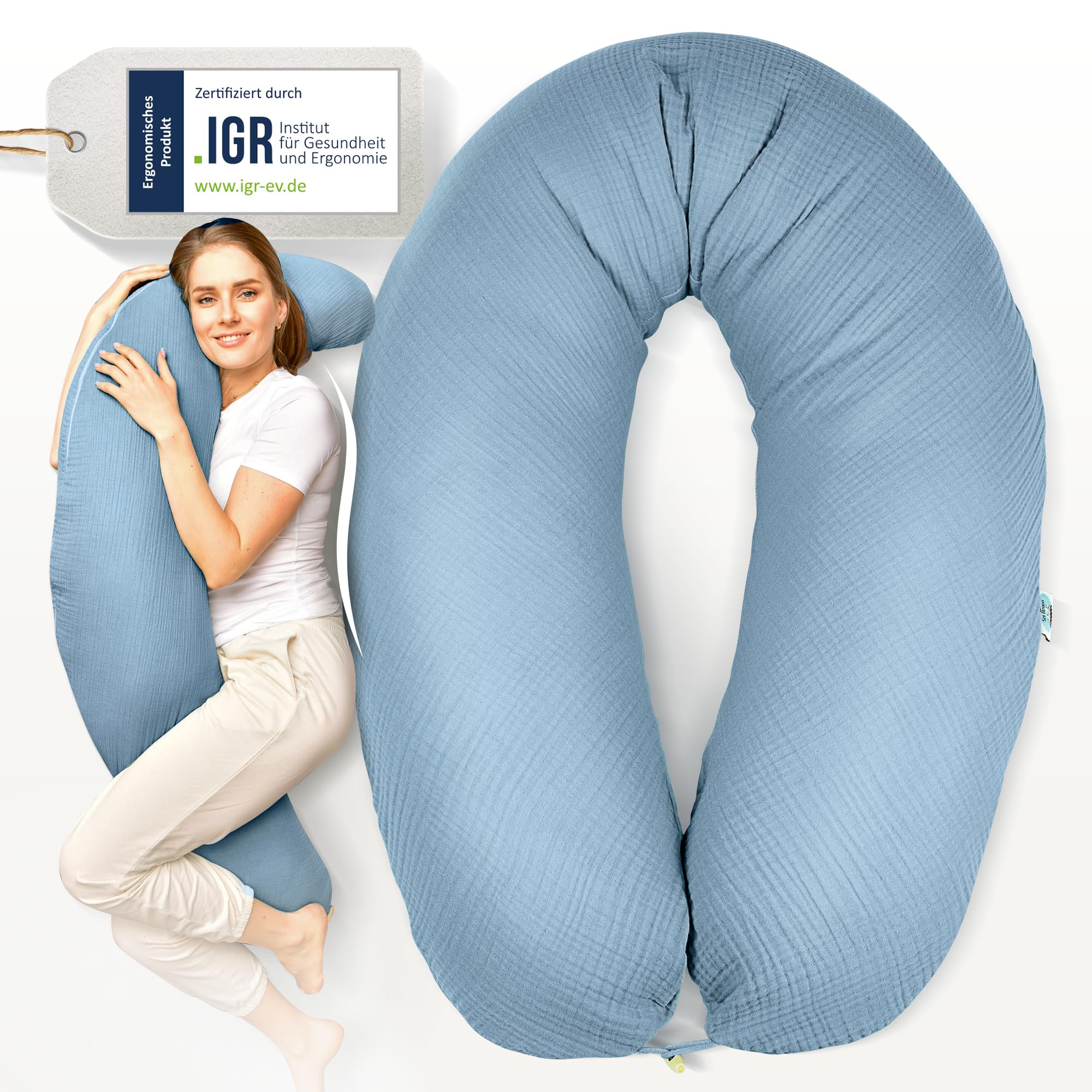 sei Design Stillkissen Mikroperlen XXL Lagerungskissen Schwangerschaftskissen Seitenschläferkissen 190x35 cm groß (Bezug Musselin Denim, Füllung EPS Mikroperlen)