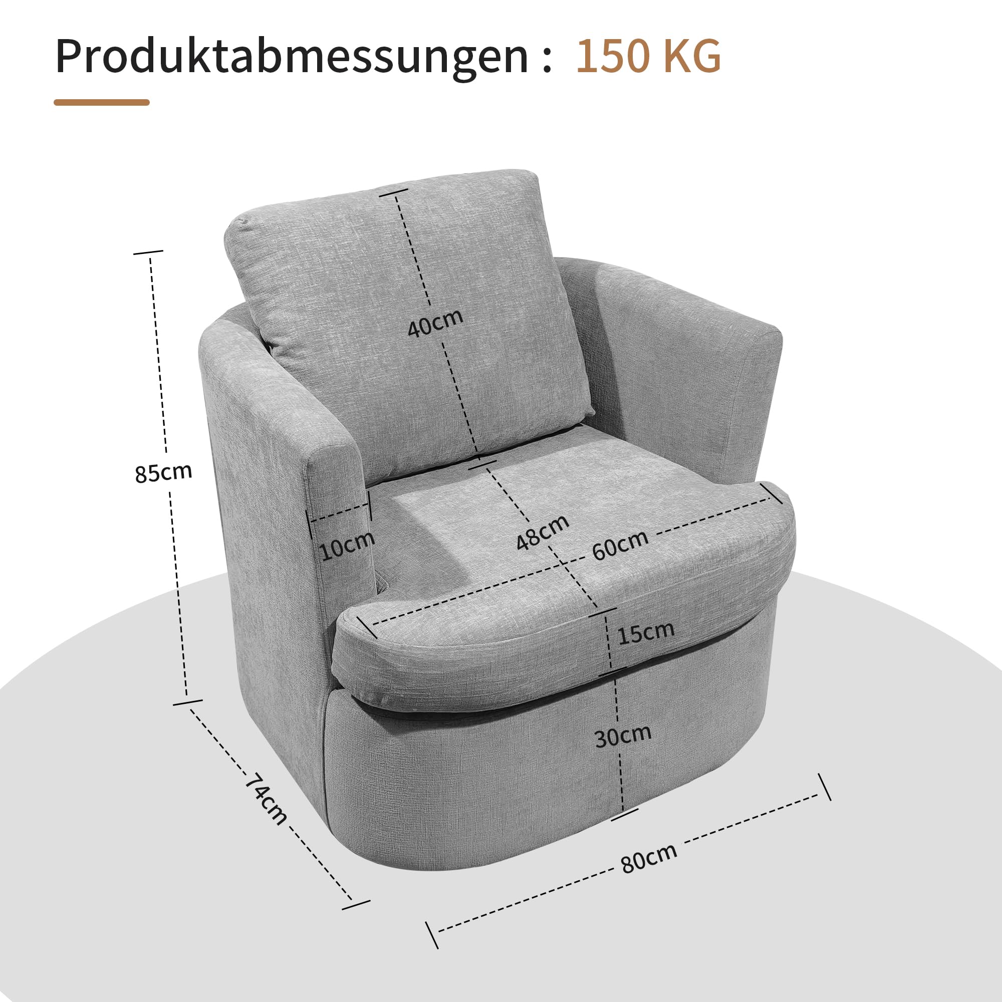 BonVache Drehsessel, Chenille Sessel, 360° schwenkbar, mit U-förmiger Rückenlehne und gepolsterter Sitzfläche, geeignet für Wohnzimmer, Schlafzimmer und Büro,Grau