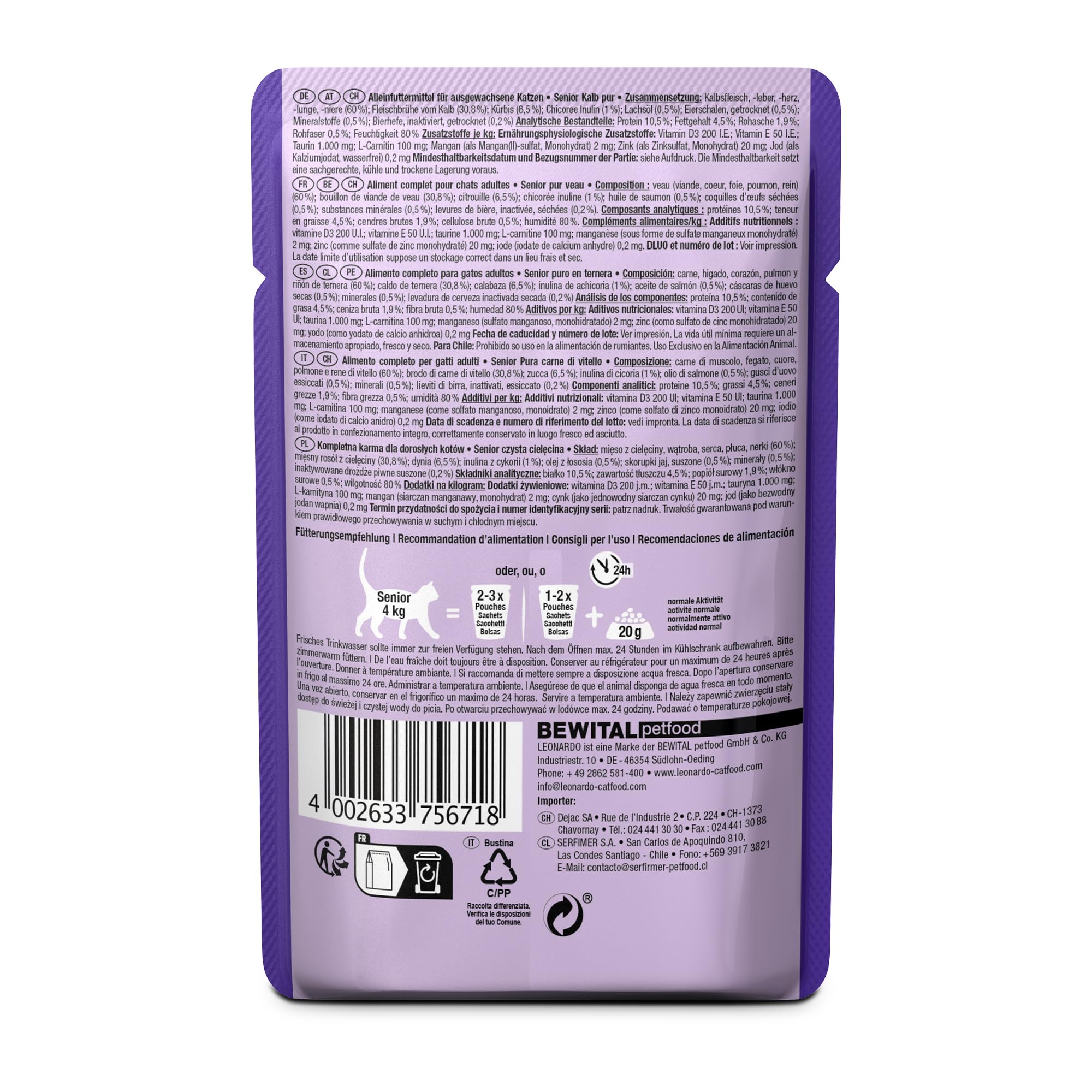 Leonardo Finest Selection Senior Kalb pur | Doppelpack | 2 x 16 x 85 g | Nassfutter für ältere Katzen | Reich an magerem Kalb | Nur eine tierische Proteinquelle | Getreidefrei