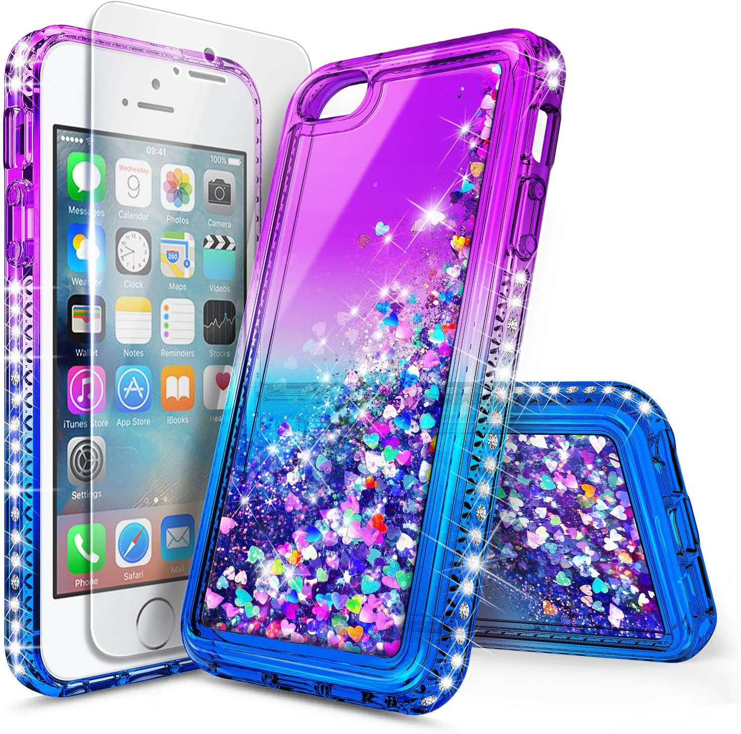NageBee iPhone 5/5S/SE Case with Tempered Glass Screen Protector, Glitter Liquid Quicksand Waterfall Floating Sparkle Bling Diamond Women Girls Kids Cute Durable Case -Purple/Blue