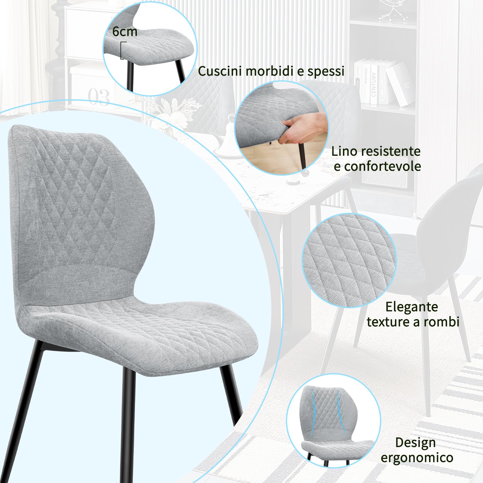 JIJIAN set di 6 Sedie da Pranzo Imbottite in Lino Naturale, Design Ergonomico Moderno per Cucina, Sala da Pranzo, Soggiorno, Camera da Letto, Reception, Grigio