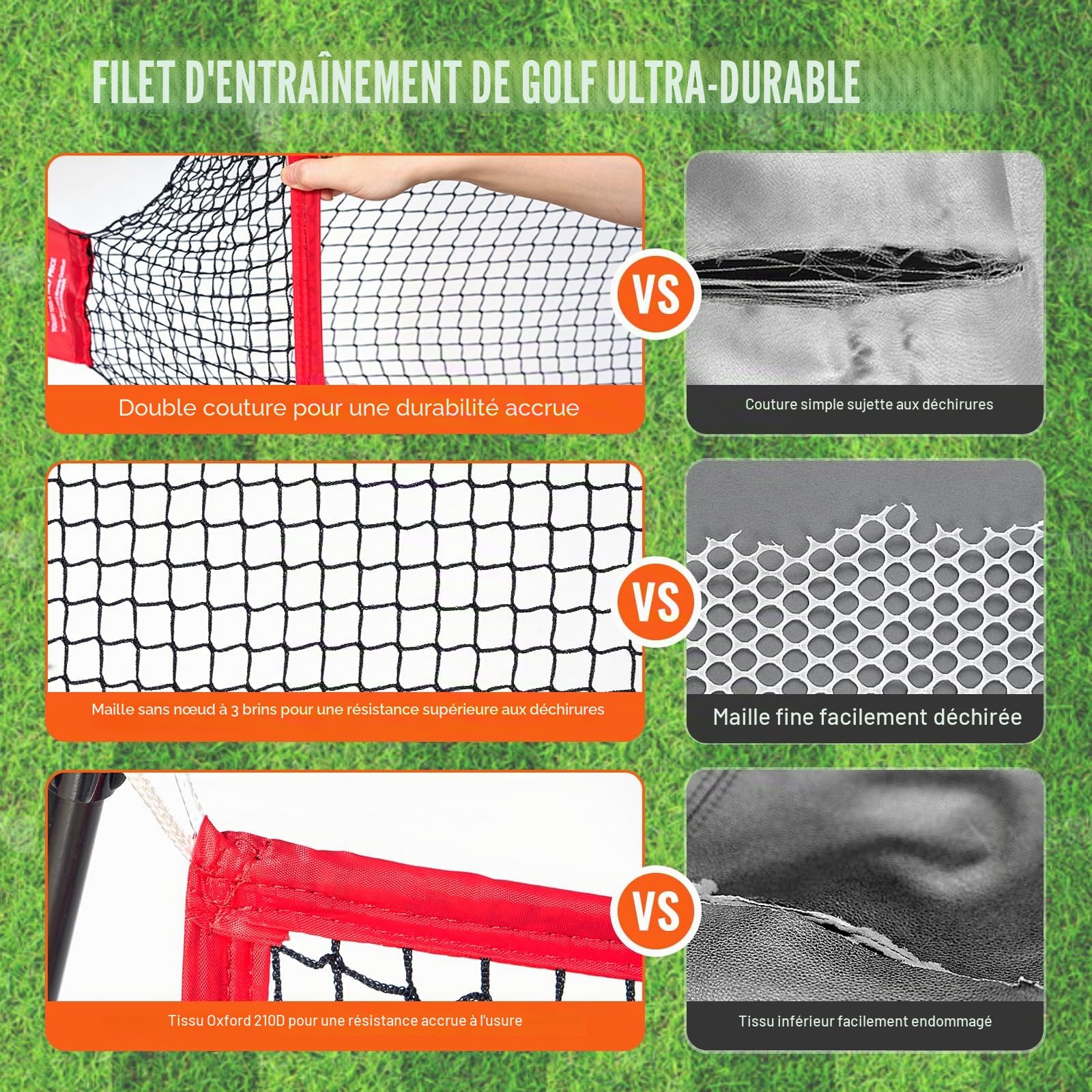 VEVOR Filet d'Entraînement au Golf 329x217 cm, Filet de Frappe de Golf pour Extérieur Intérieur, avec Cadre en Fibre de Verre Solide et Sac de Transport, Matériels d’Entraînement pour Amateurs de Golf