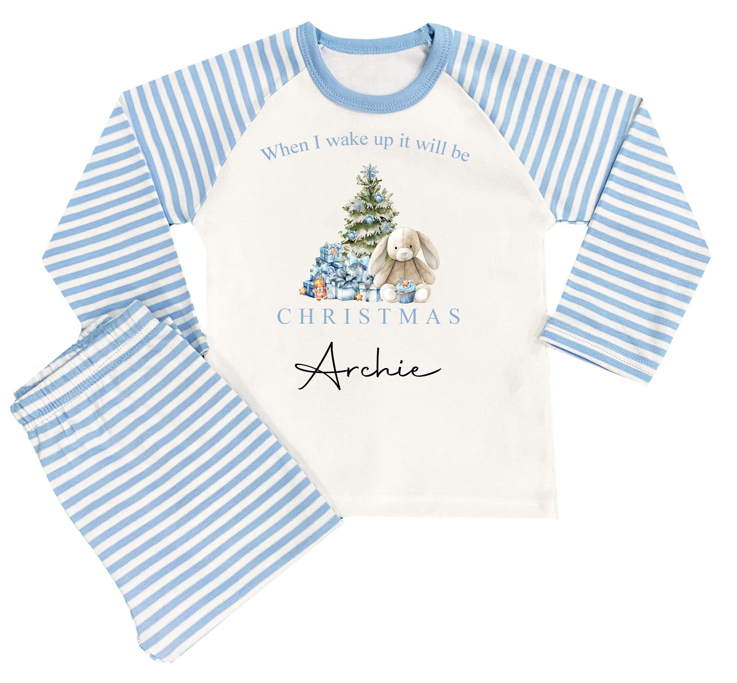 The Baby Box UK Personalised Boys When I Wake Up Christmas Pyjamas Xmas Pjs (Blue When I Wake Up Bunny Tree, 6-12 Months)