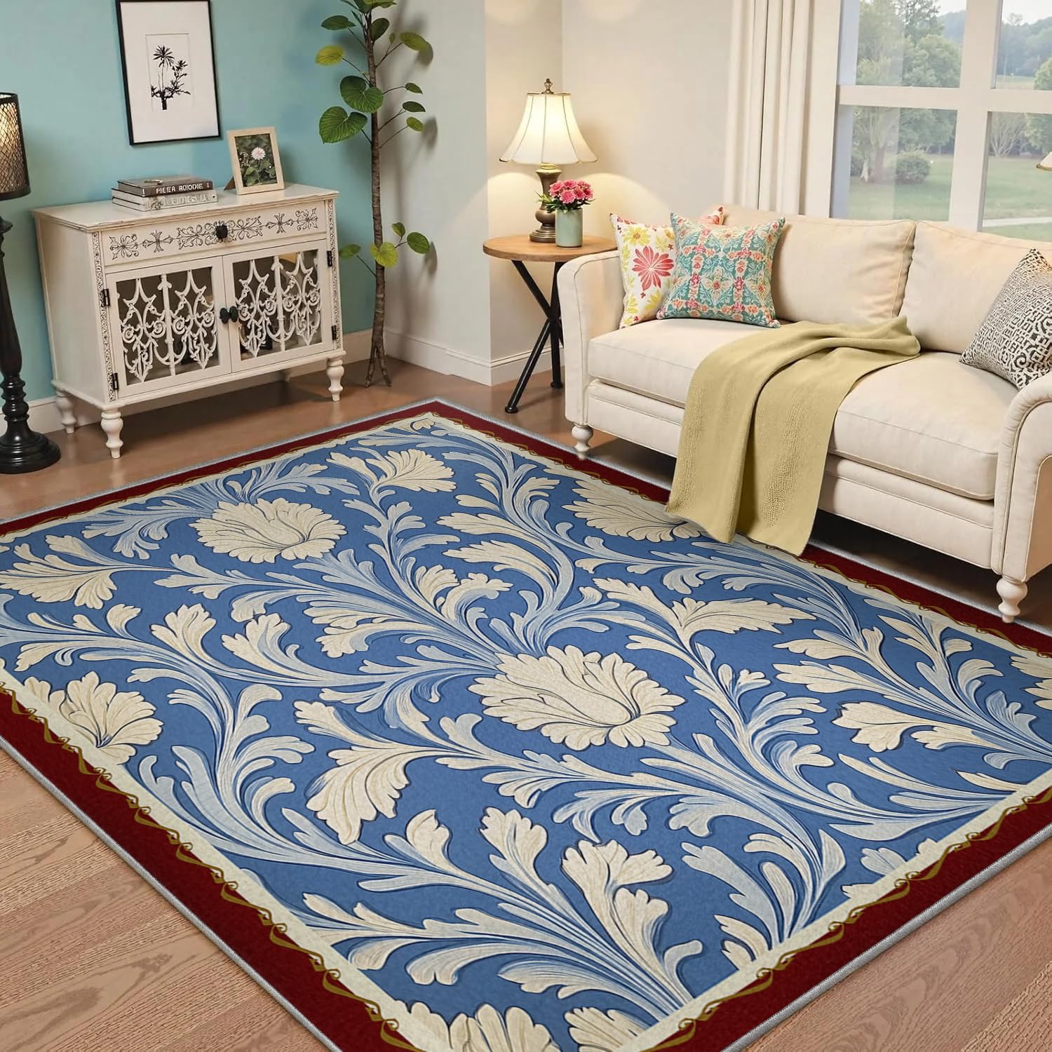 Tapis 180x240cm bohème vintage bleu lavable pour salon et chambre