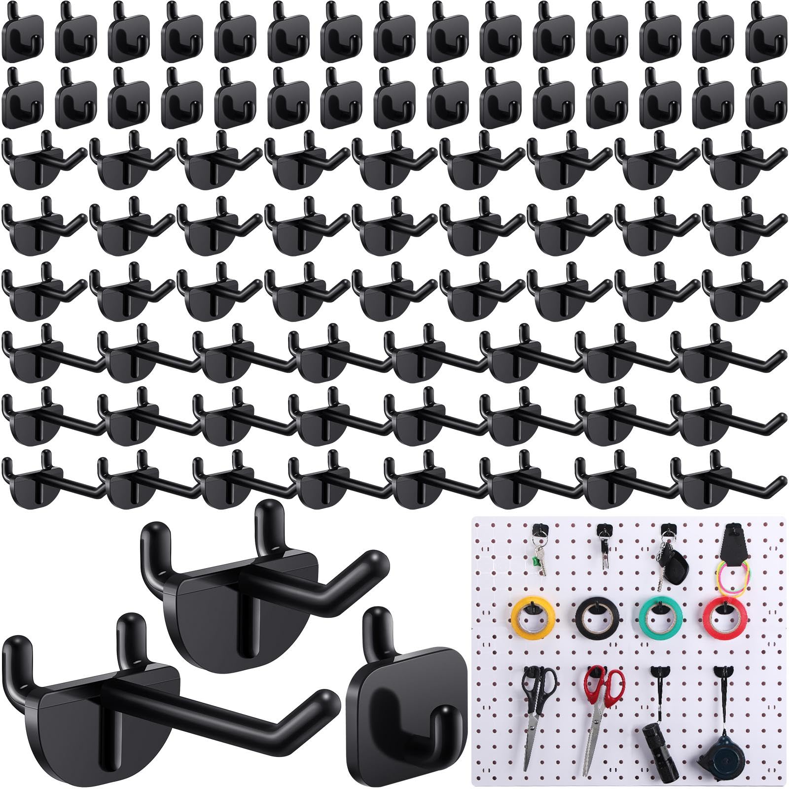 Photo 1 of Roowest 84 Pcs Pegboard Hooks Plastic Straight Hook Fits 1/4" Pegboards Accessories Multiple Size Peg Board Hooks for Craft Storage Tool Room Kitchen Garage Organizer Tools Display (Black)