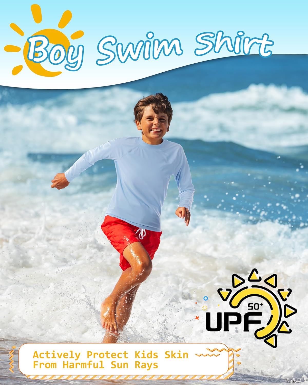 Boys Rash Guard Swim Shirt, UPF 50+ Sun Protection Long Sleeve for Kids Youth, Rashguard Surf Water Sports Shirts - Image 2