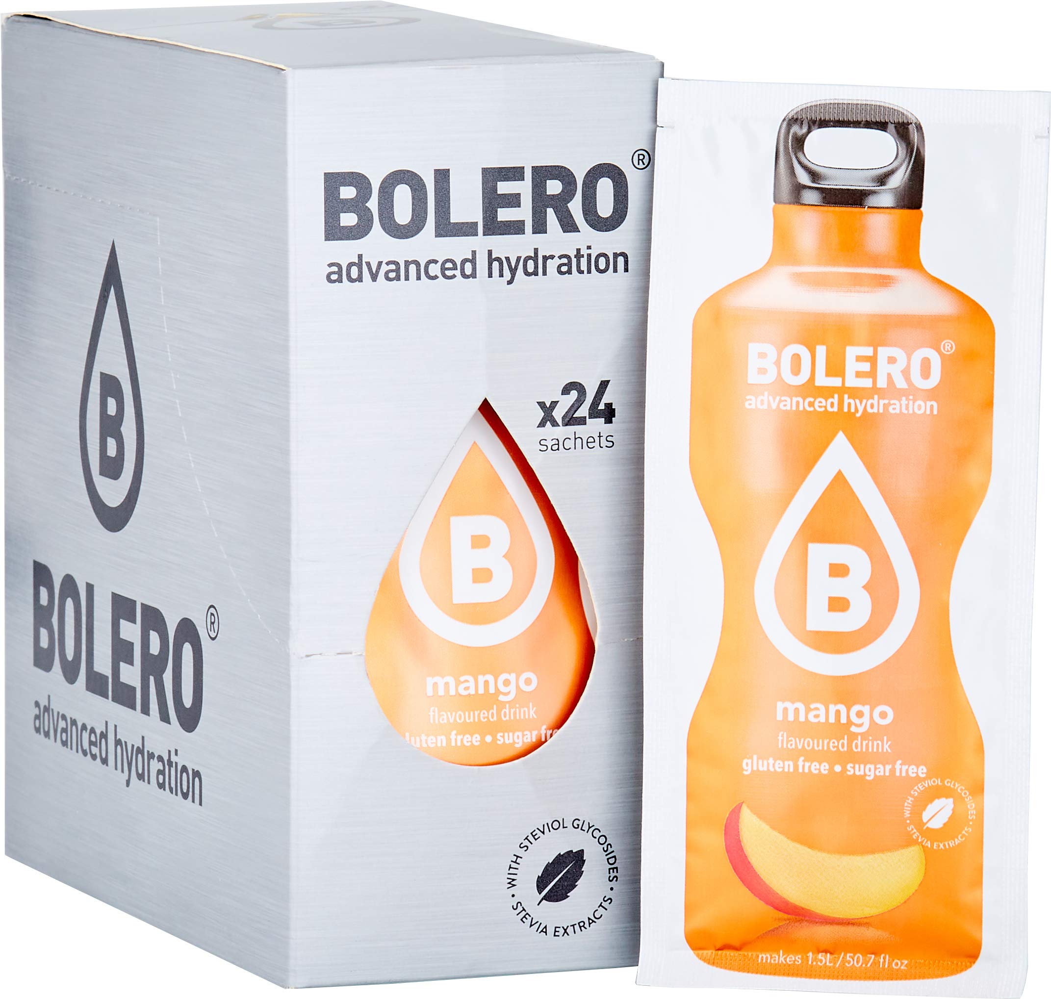 Bolero Advanced Hydration Drink Packets Classic Sachets, Sugar-Free Water Flavoring Packets, Calorie-Free Powder Drink (9g PACK OF 24, MANGO)