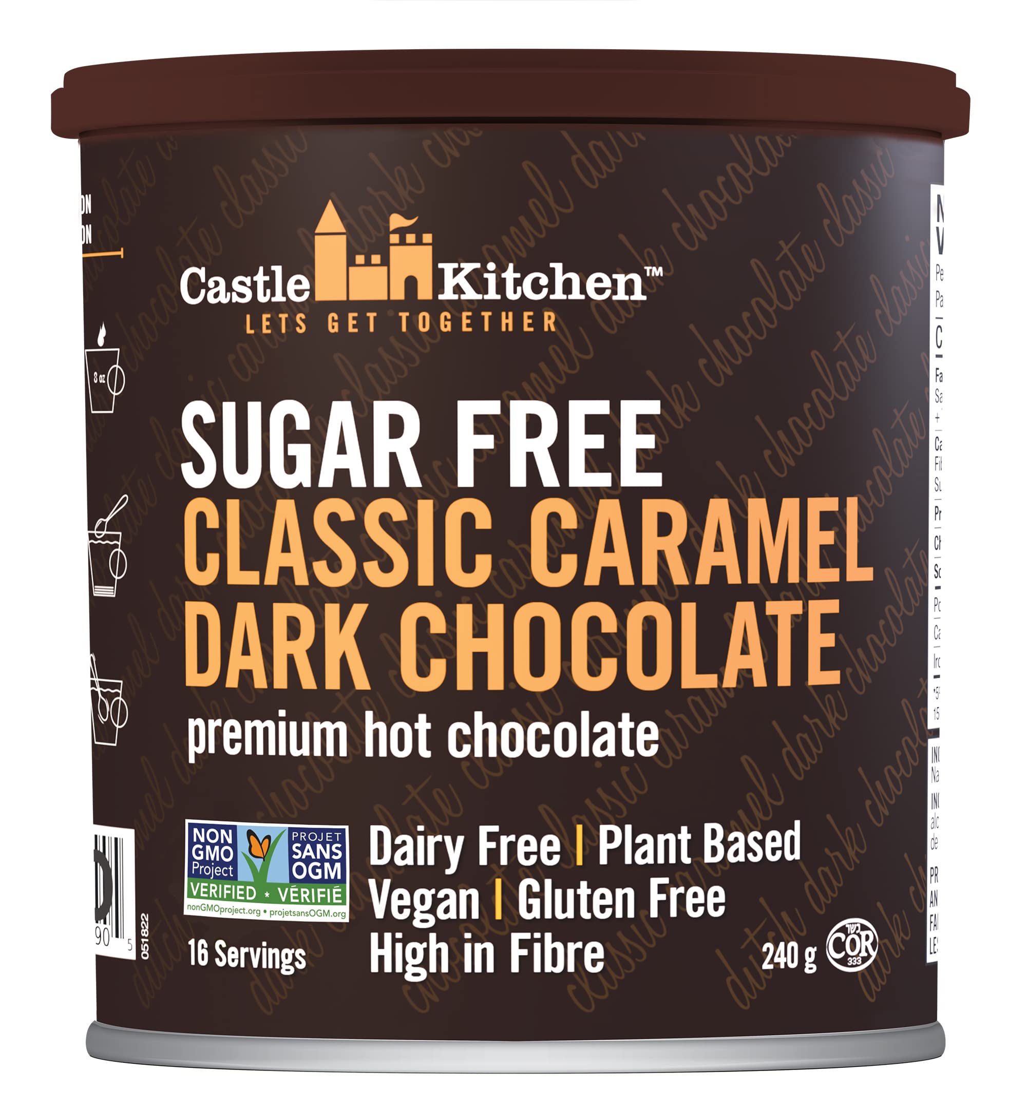 Castle Kitchen Sugar Free Caramel Dark Hot Chocolate - Premium Plant Based, Dairy Free, Gluten-Free, Vegan Hot Coca Mix - Just Add Water - 14 oz Can