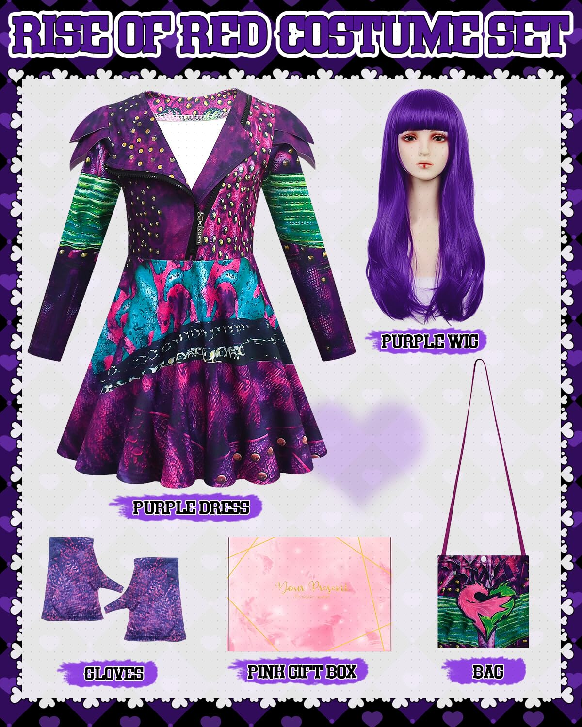 TOLOYE Red of Rise Costume, Red of Rise Dress with Crossbody Bag, Wig and Gloves - Image 2