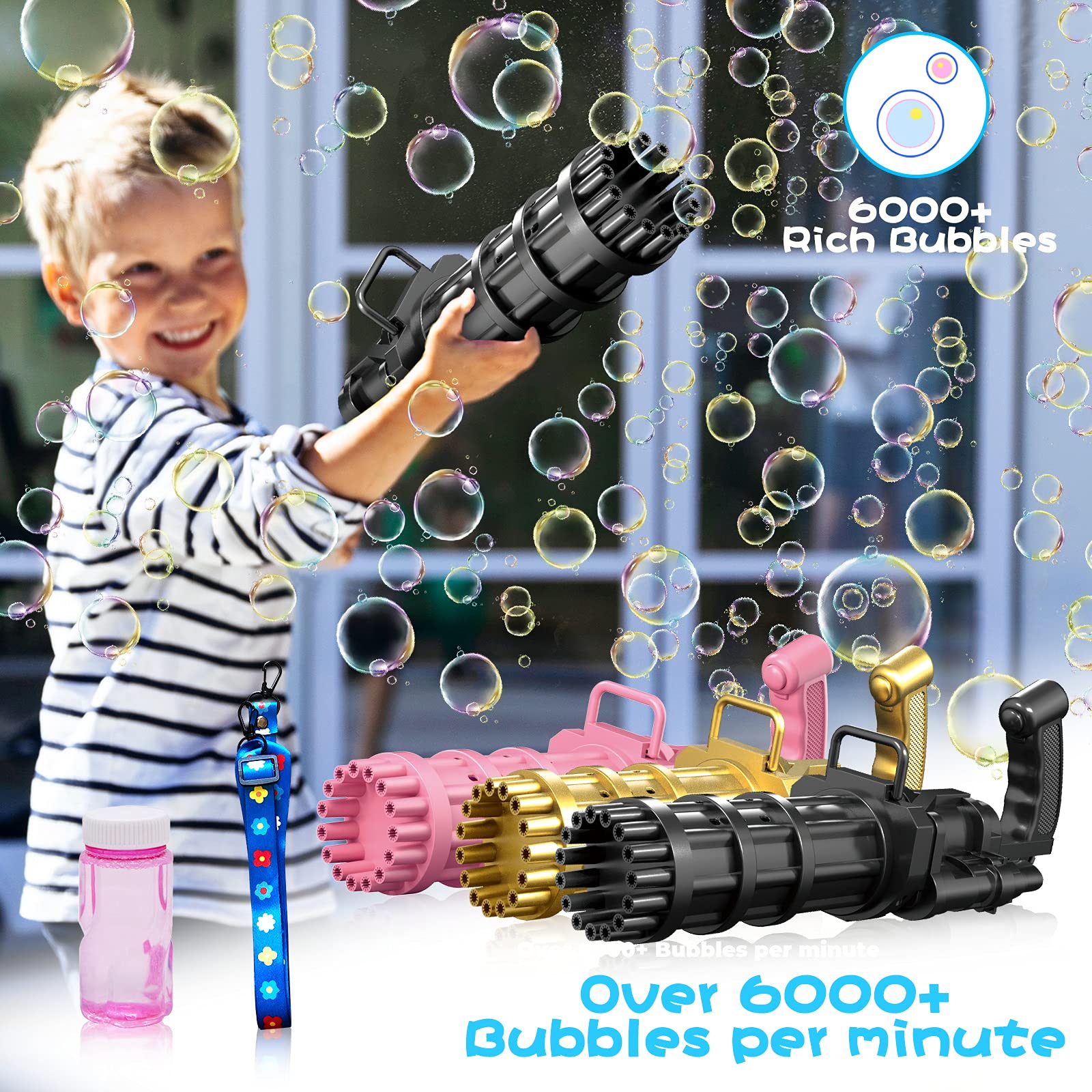 luximi Bubble Machine Gatling Bubble Gun, 6000+ Bubbles Per Minute