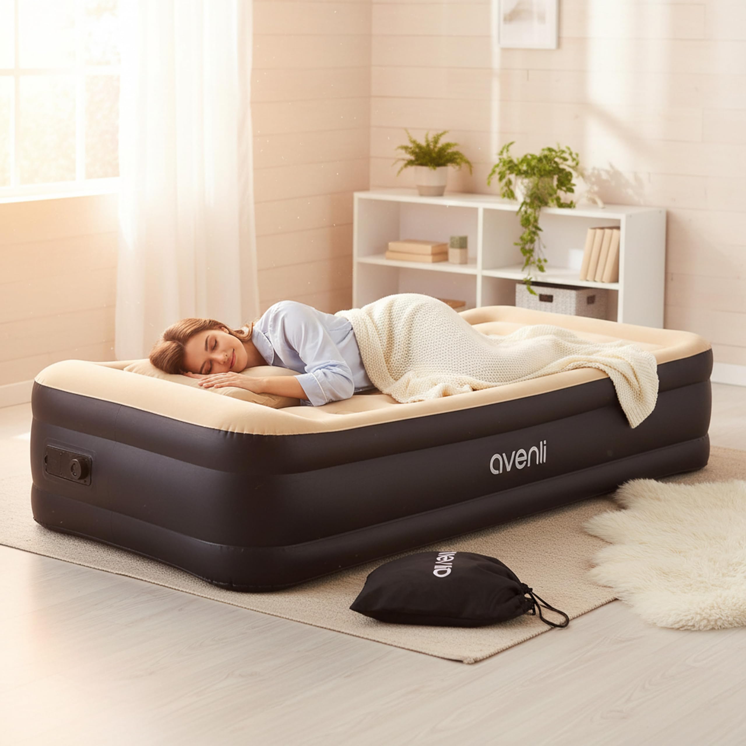 AVENLI Luftmatratze selbstaufblasend 1 Person 196x97x47 cm Twin-Size Luftbett mit integrierter Elektropumpe bis 150 kg Camping Coil-Beam beige