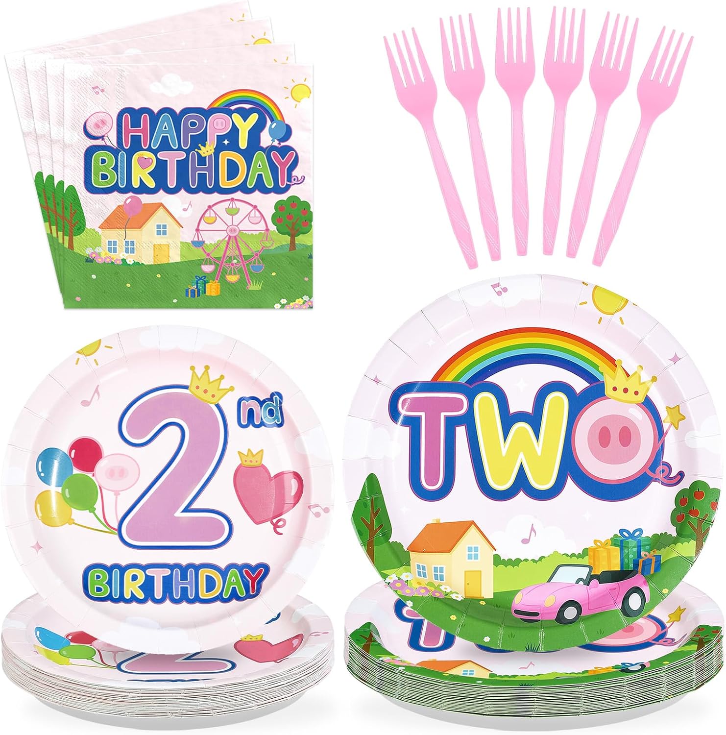 96Pcs Pink Pig 2nd Birthday Party Decorations Pink Piggy Paper Plates and Napkins Cartoon Pig Theme 2 Years Old Birthday Disposable Tableware Set for Kids Girls Baby Shower Party Supplies, Serves 24
