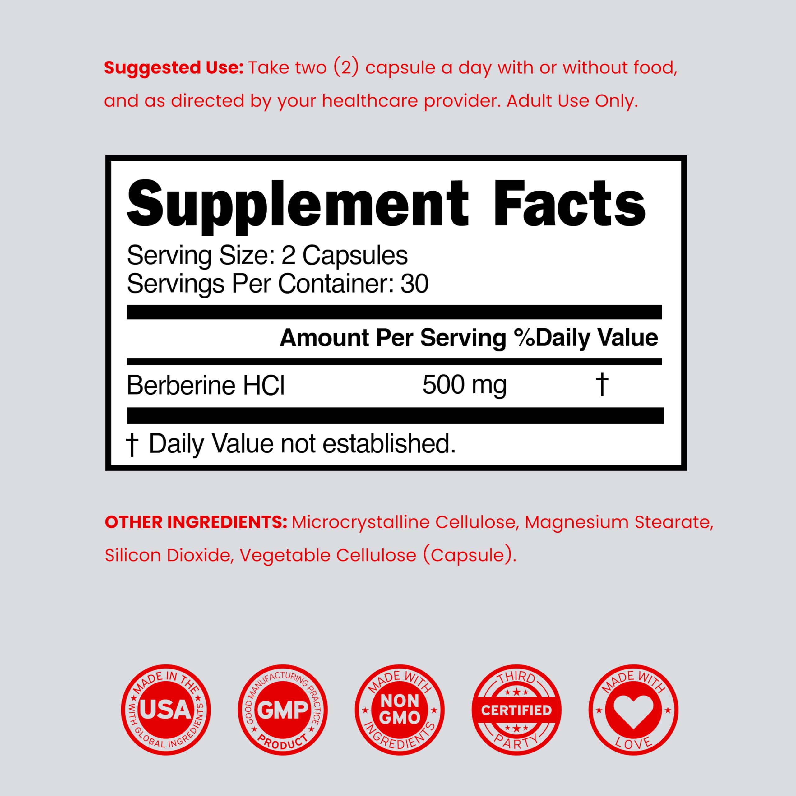 Berberine Supplement 500mg Per Serving (60 Capsules) Berberine HCL for Gut Health Support for Men and Women - Premium Supplements for Adults - Third Party Tested - Vegan Capsules & USA Made — Amazon image 6
