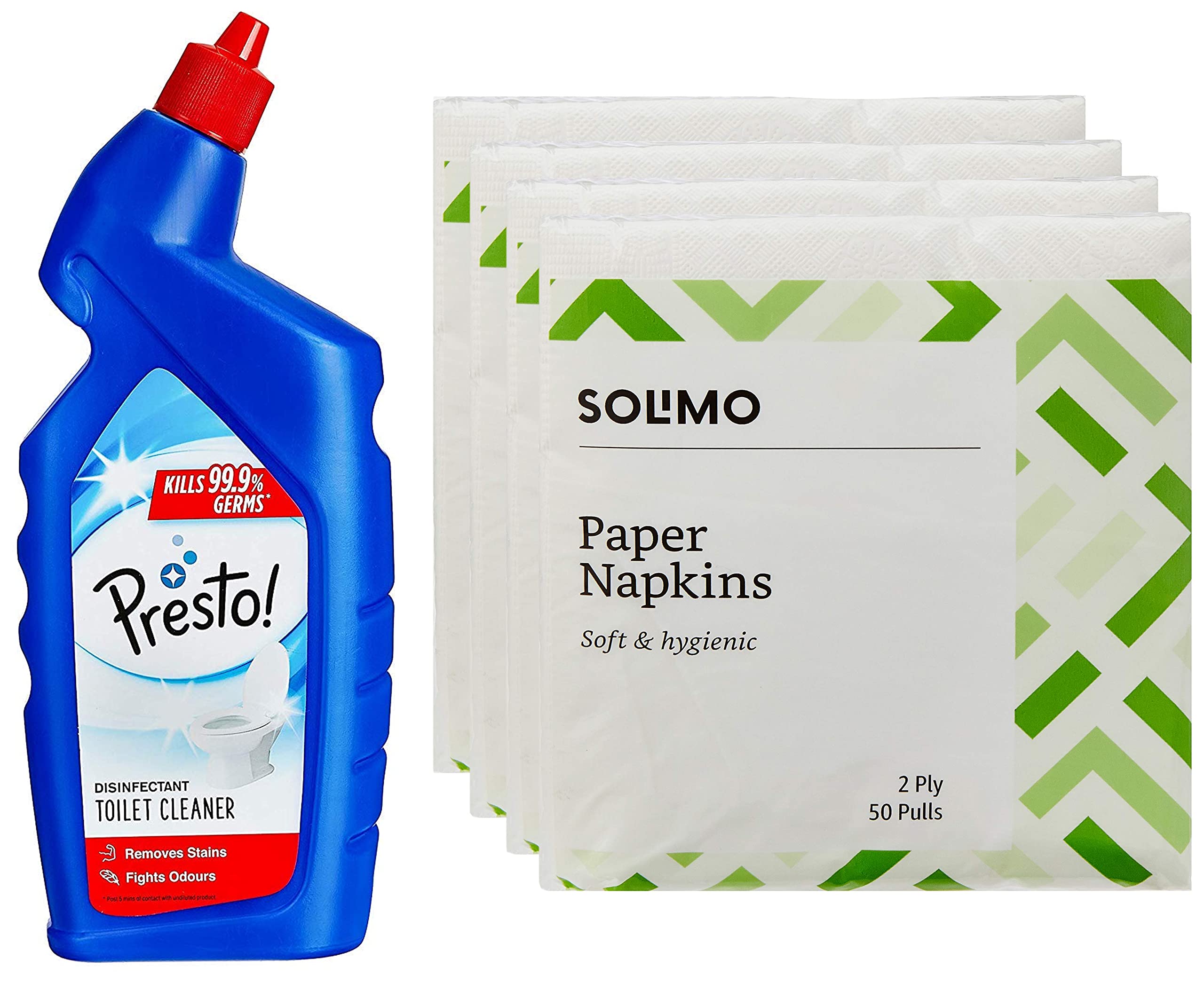 Amazon Brand - Presto! Toilet Cleaner - 1 L & Amazon Brand - Solimo 2 Ply Paper Napkins - 50 Pulls (Pack of 4) Combo
