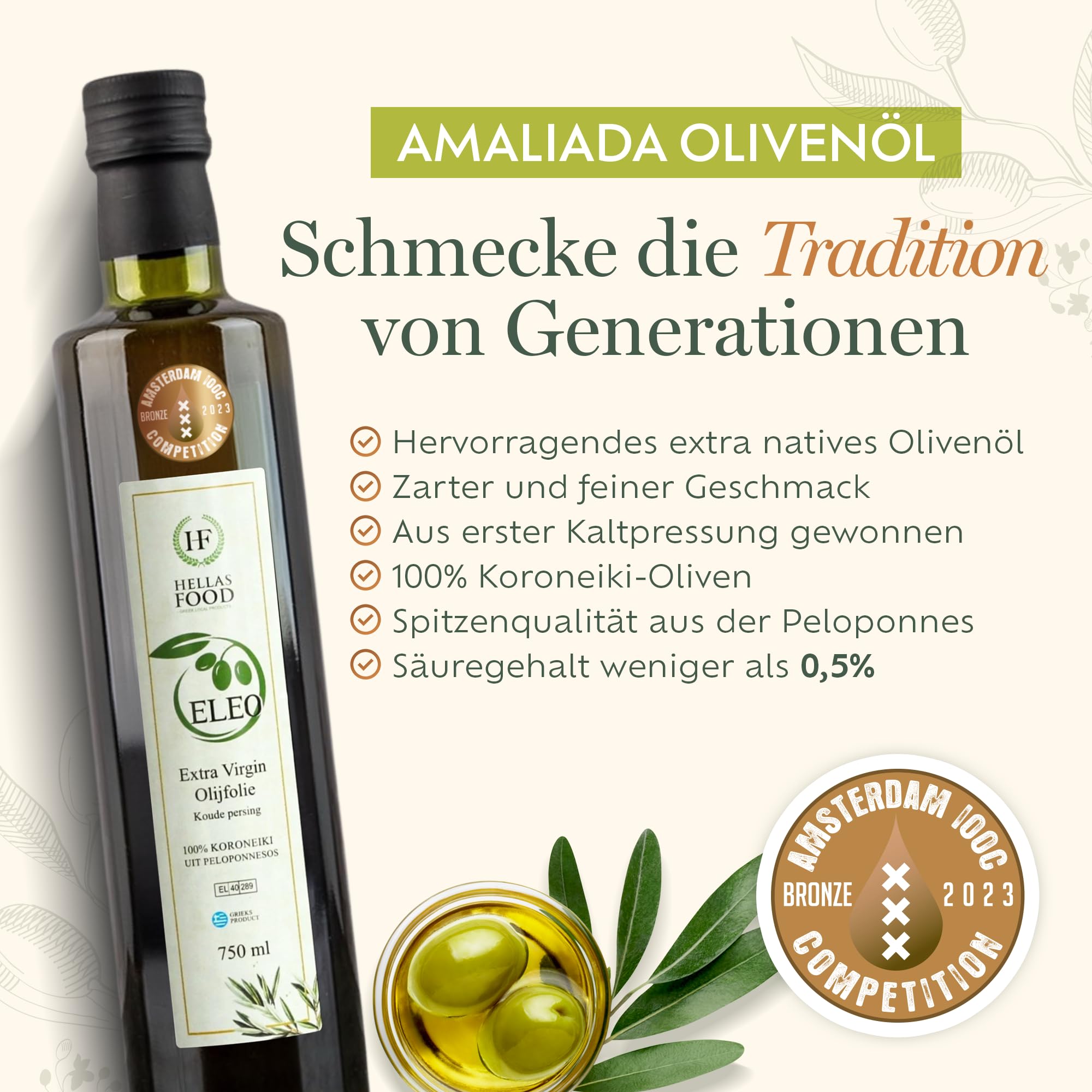 ELEO Amaliada - Extra Natives Olivenöl - 3 liter - 100% Griechische Koroneiki-Oliven - Hervorragende Qualität - Erste Kaltpressung - Reich an Antioxidantien - Internationaler Medaillengewinner