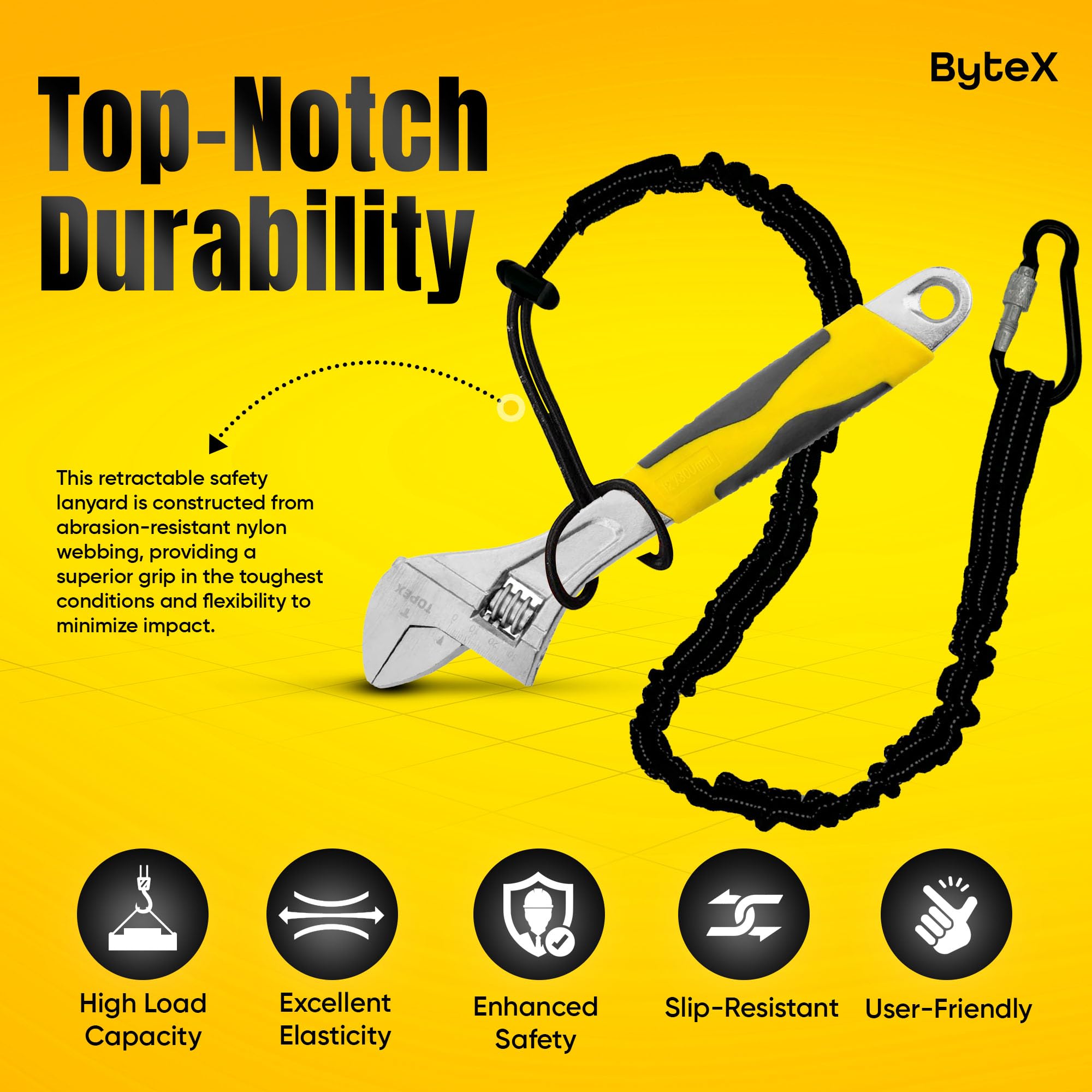 ByteX 15 Pack Tool Lanyard with Single Metal Buckle and Adjustable Loop End, Standard Length, Maximum Weight Limit 8KG 17.6lb, Durable and Secure for Construction, Climbing, Outdoor Activities (Black)