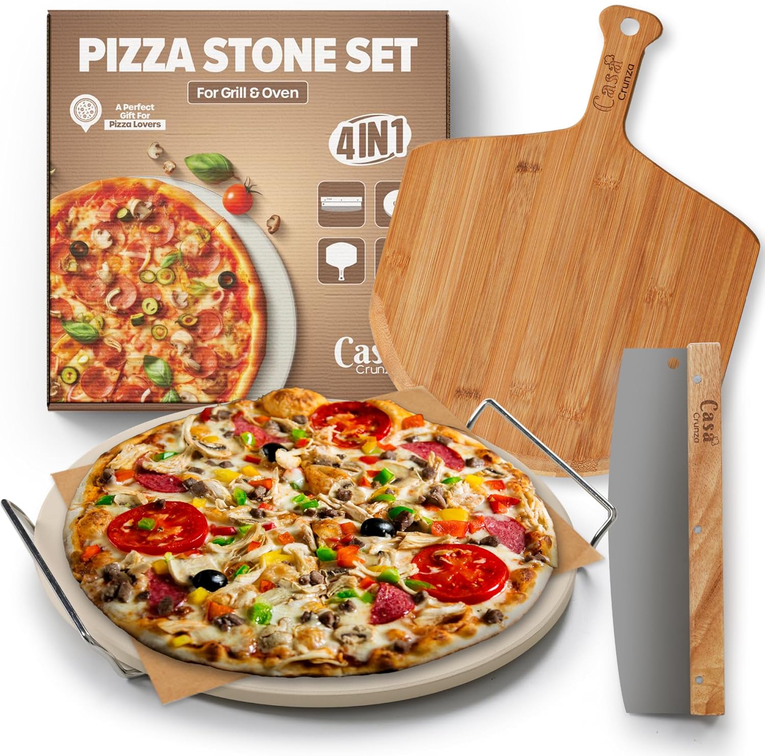 Pizza Stone Set – 5 PCS Premium Cordierite Pizza Stone Set for Baking and Grilling, Complete Pizza Making Kit with Bamboo Peeling Board, Pizza Cutter, and Greaseproof Paper Pizza Stone Set – 5 PCS Premium Cordierite Pizza Stone Set for Baking and Grilling, Complete Pizza Making Kit with Bamboo Peeling Board, Pizza Cutter, and Greaseproof Paper