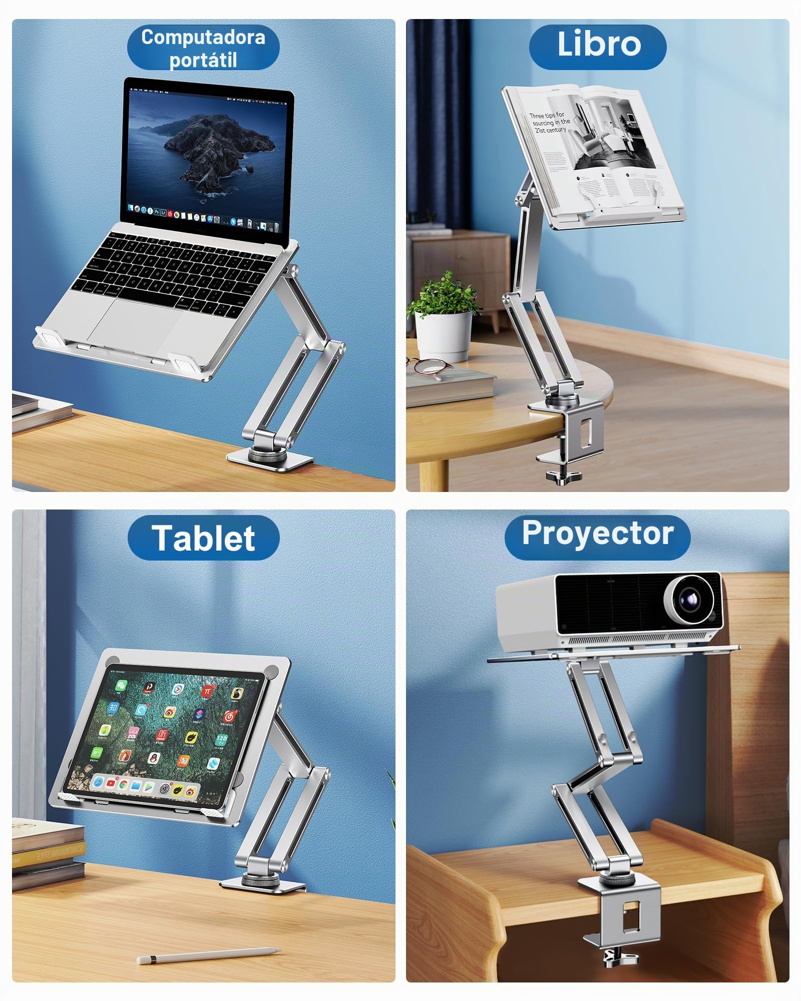 Soporte para computadora portátil para escritorio, soporte de brazo para laptop con rotación de 360°, bandeja de mesa de aluminio ajustable, soporte plegable para tablet, apto para iPad MacBook