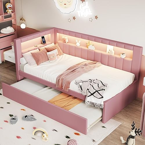 DaiNNCN Cama de tamaño matrimonial con cajones de almacenamiento y estanterías en forma de L marco resistente de madera de pino maciza color gris