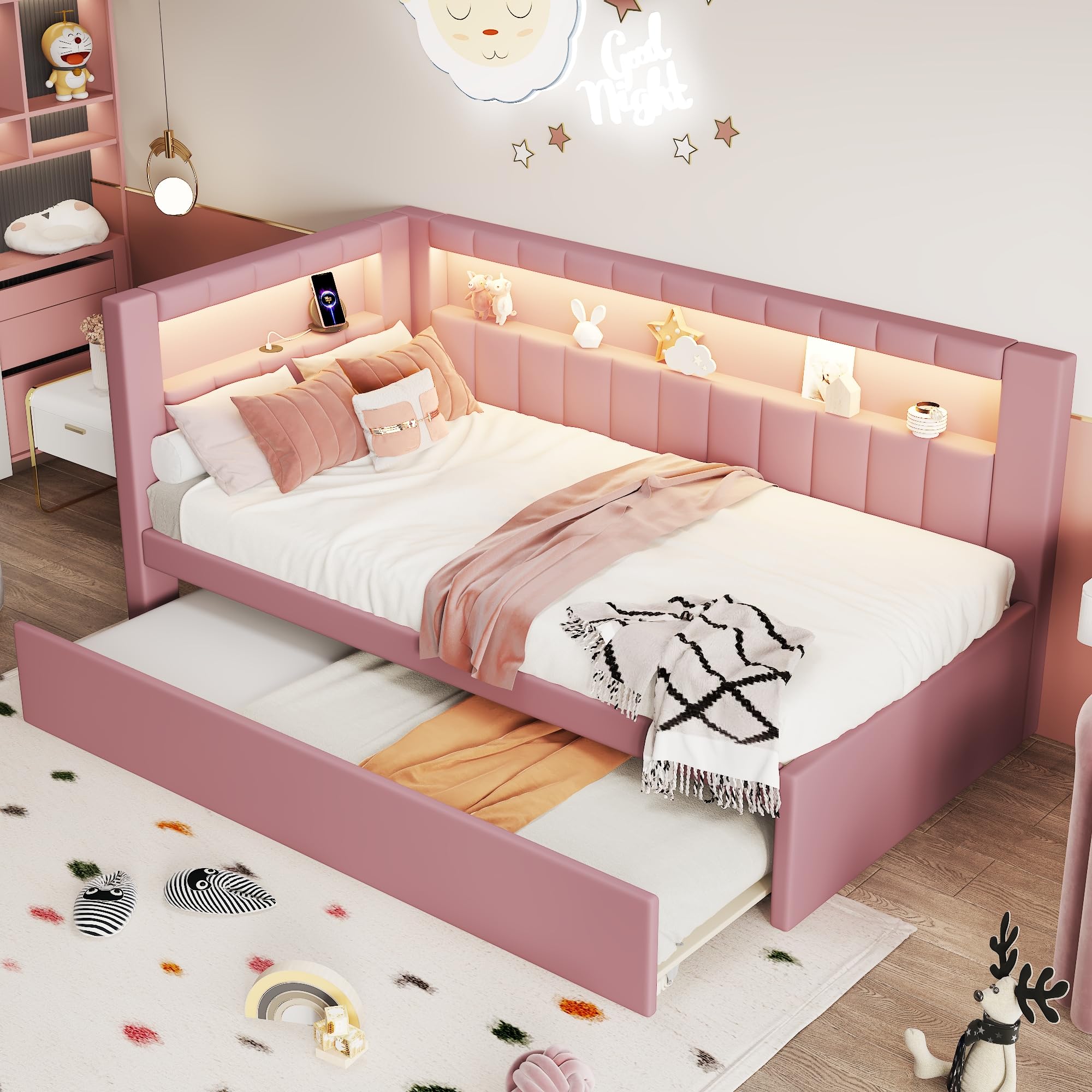 Twin Size Daybed with Trundle and L-Shaped Bookshelf Headboard, Linen Upholstered Soft Corner Bed with Storage Shelves, Charging Station and LED Belt for Kids Boys Girls, Pink