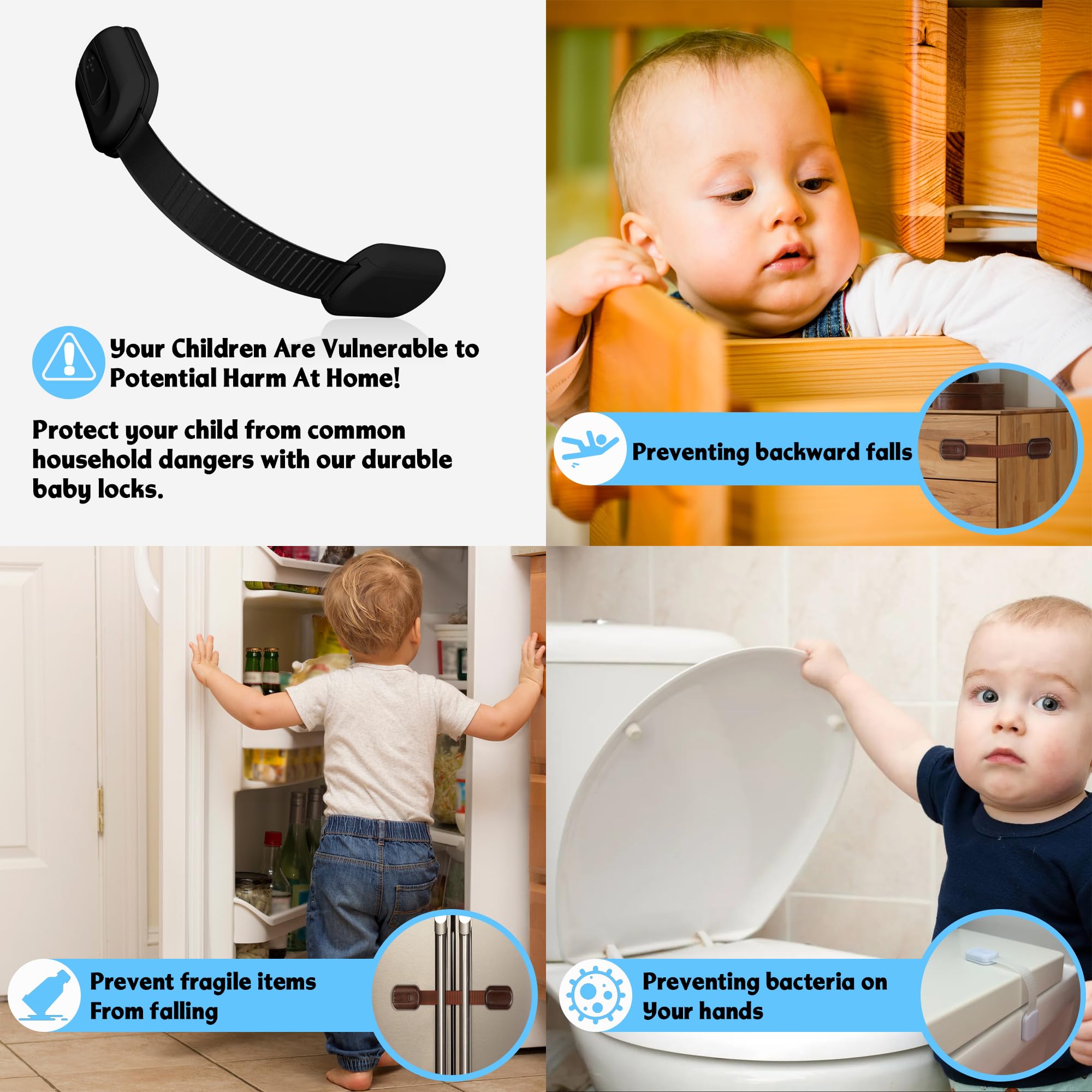 Cerraduras de seguridad para niños a prueba de bebés, seguras, rápidas y fuertes, fáciles de instalar y usar para muebles, cocina, asiento de inodoro, horno y muchos otros usos. (B - Negro, 6 piezas