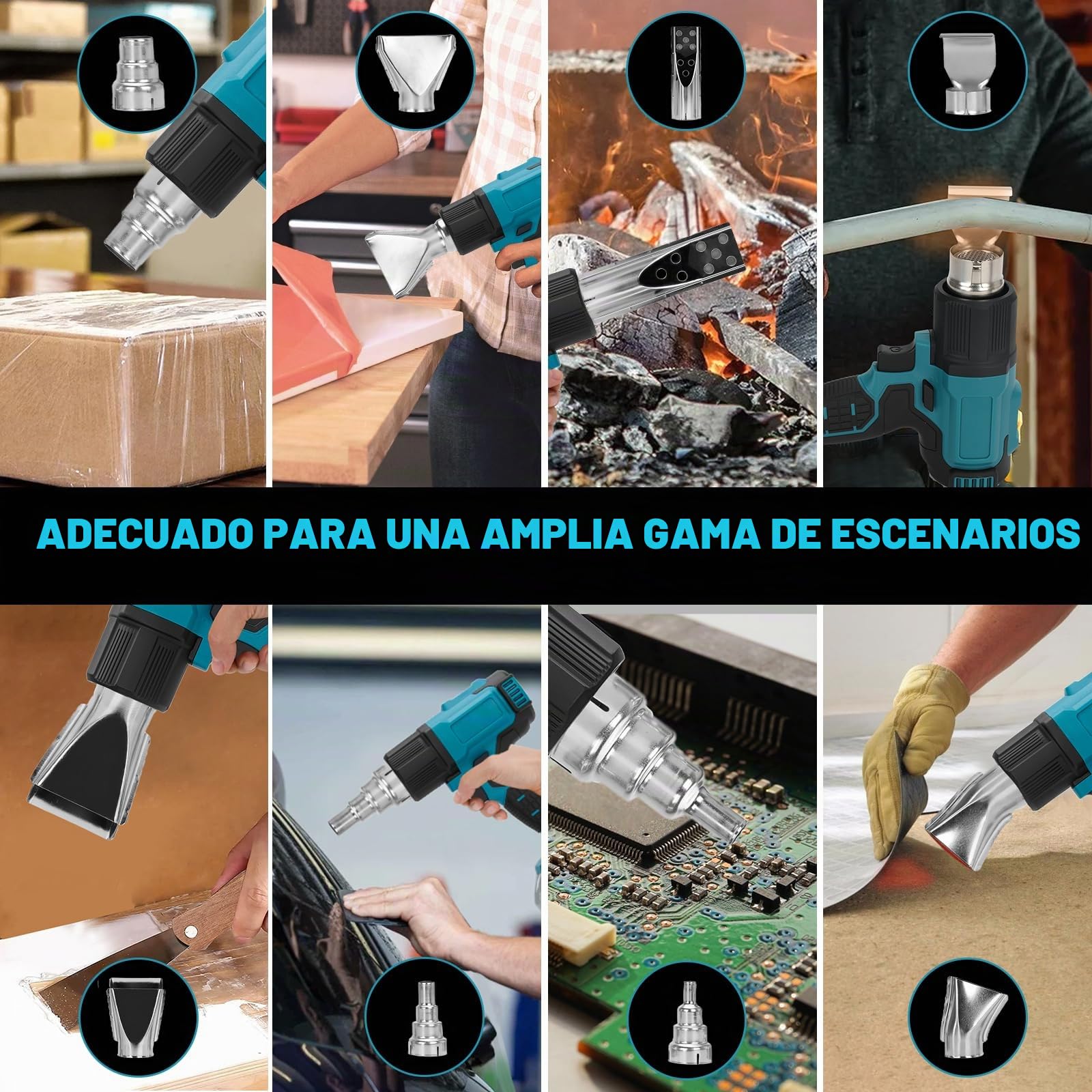 Pistola de Calor Inalámbrica Compatible Con Baterías Makita 18V, Pistola de Aire Caliente con 8 Boquillas, Pantalla LCD Digital, 4 ajustes de temperatura, máx. 500 °C (sin batería)