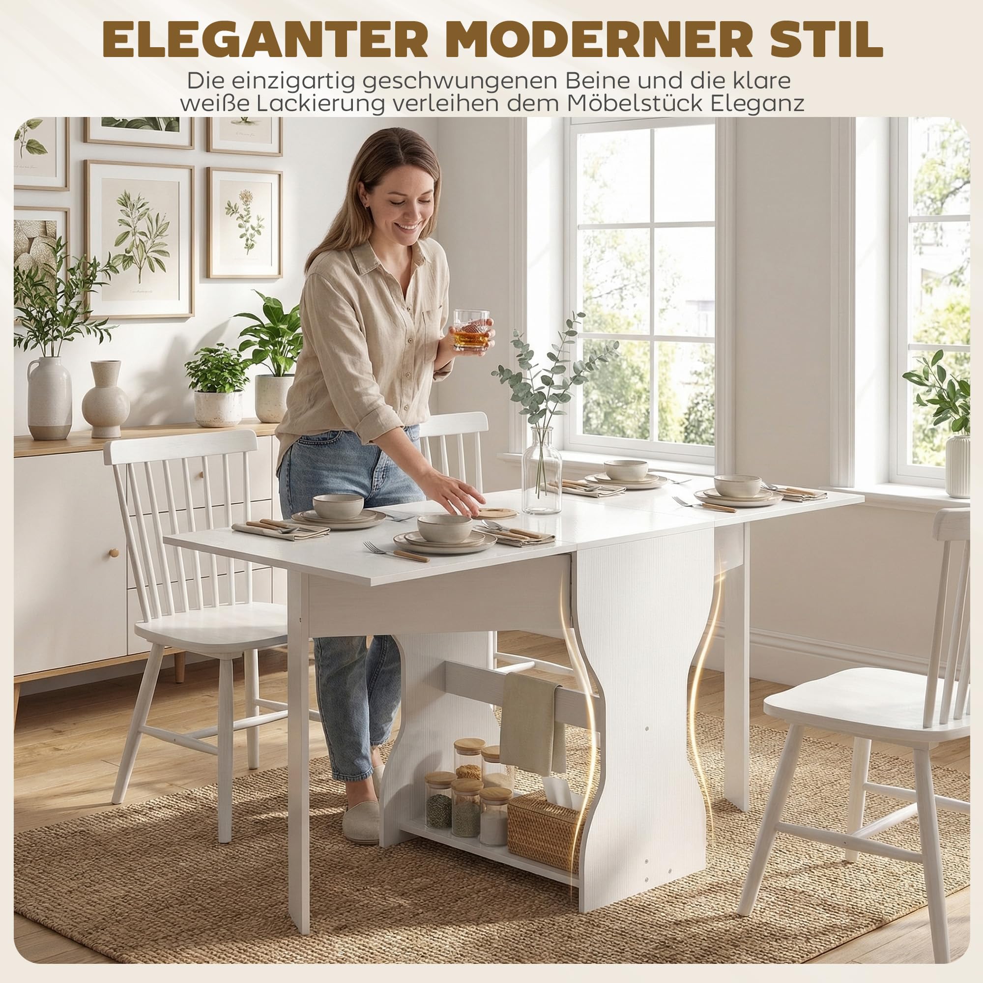 HOMCOM Esstisch Klappbar, Küchentisch mit Stauraum für 2-4 Personen, Klapptisch Esszimmertisch für Kleine Räume, Esszimmer, Küche, 160 x 60 x 75 cm, Weiß