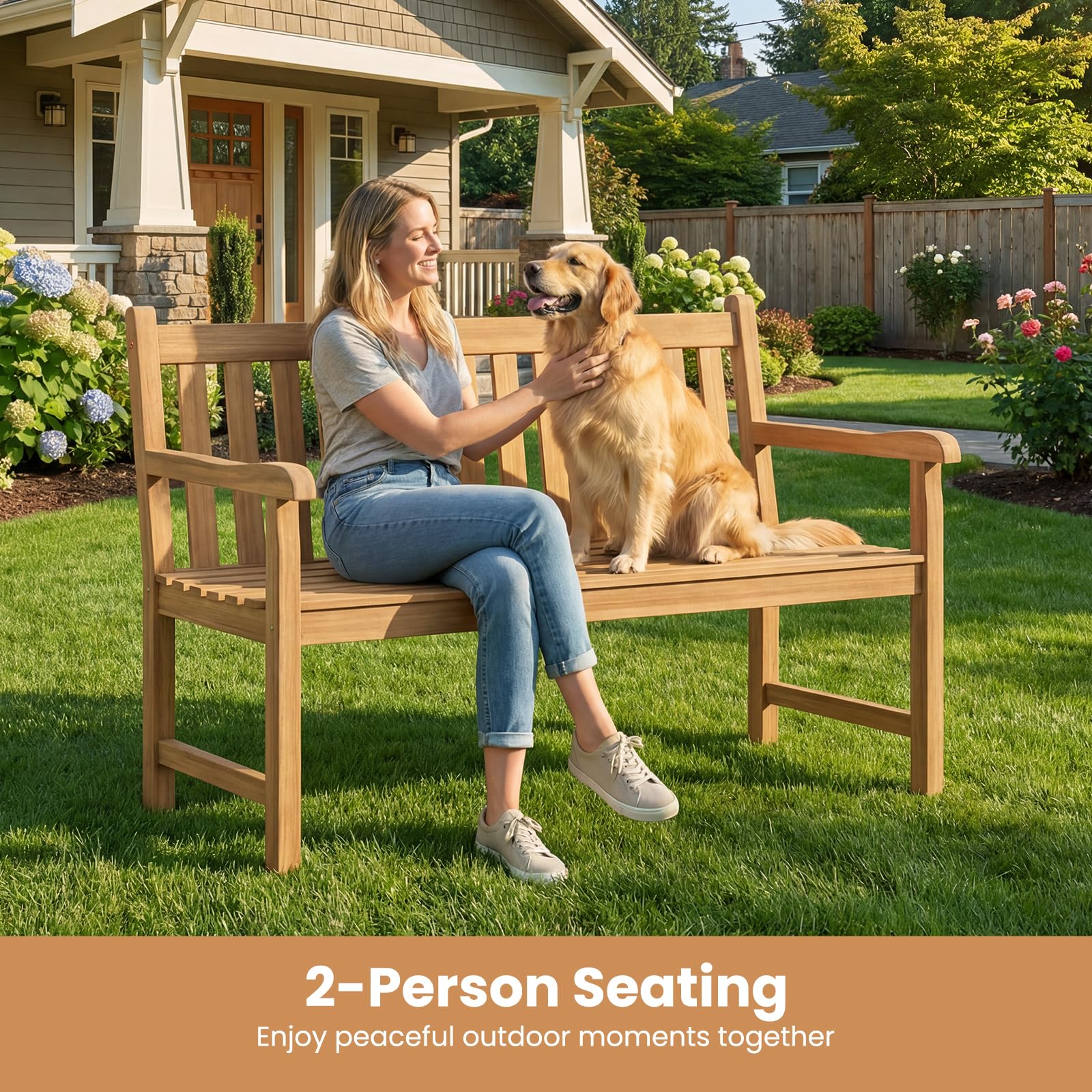 Tangkula 51" Teak Wood Outdoor Bench, 2-Person Solid Wood Garden Patio Bench with Backrest and Armrests, Wooden Loveseat Seating Furniture for Porch, Balcony, Backyard and Deck