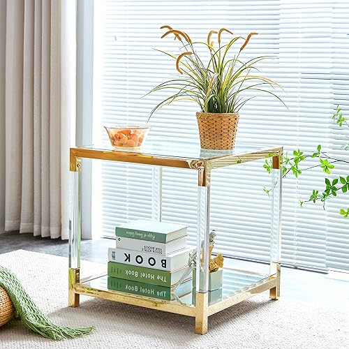 Miniatura 4 de Mesa auxiliar de cristal moderna de oro para sala de estar, espejo acrílico, mesa auxiliar para sofá, 1 unidad, de acero inoxidable de lujo,