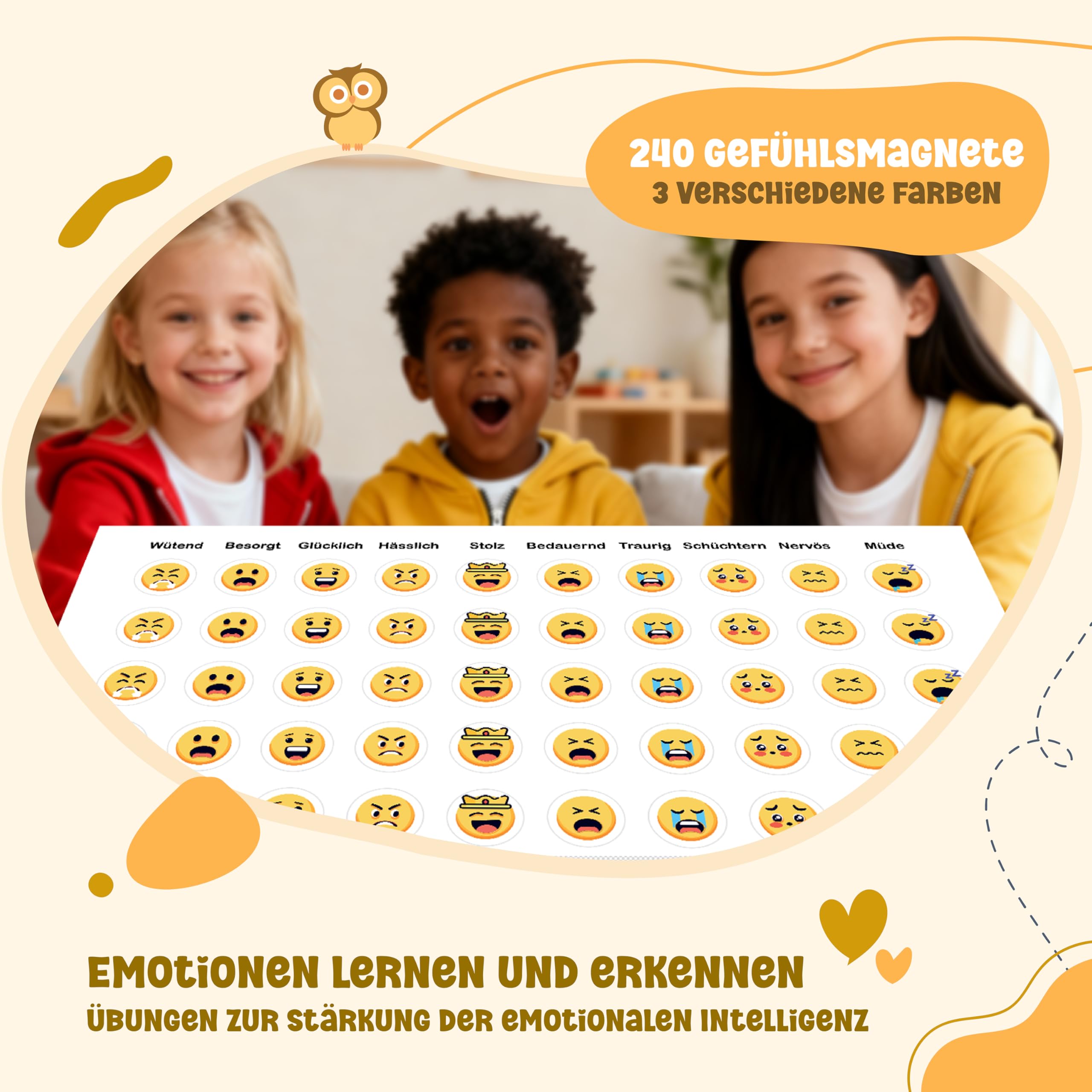 Belohnungstafel für Kinder - [110+20 Aufgaben - 480 Gefühle & Stern-Magnete] - Montessori Magnettafel für Emotionen, Verhalten, Verantwortung & Selbstständigkeit, Tasche, 3 Stifte
