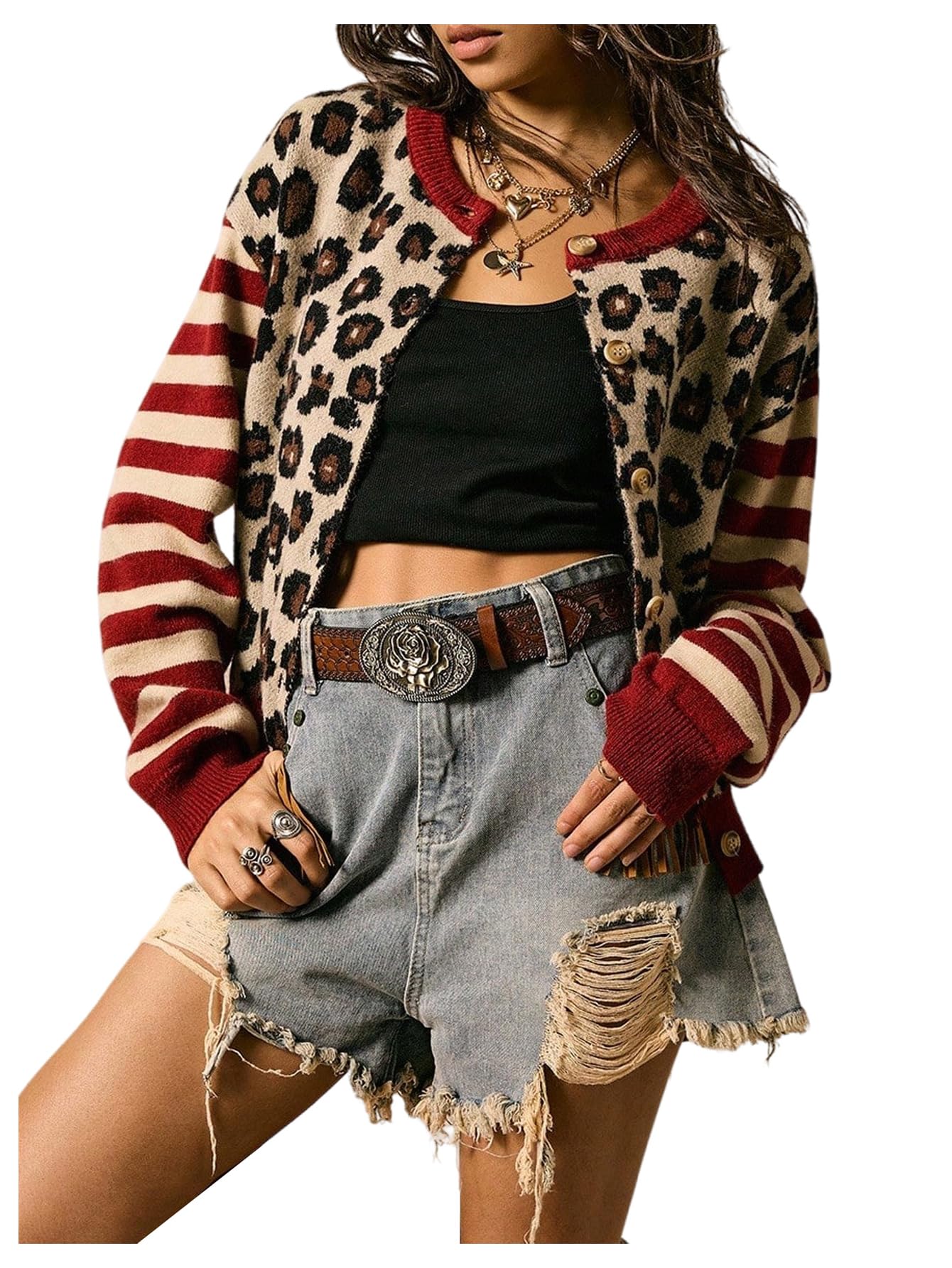SOLY HUX Womens Leopard Cardigan Sweater Y2k Striped Button Down Long Sleeve Crewneck Colorblock Trendy Tops