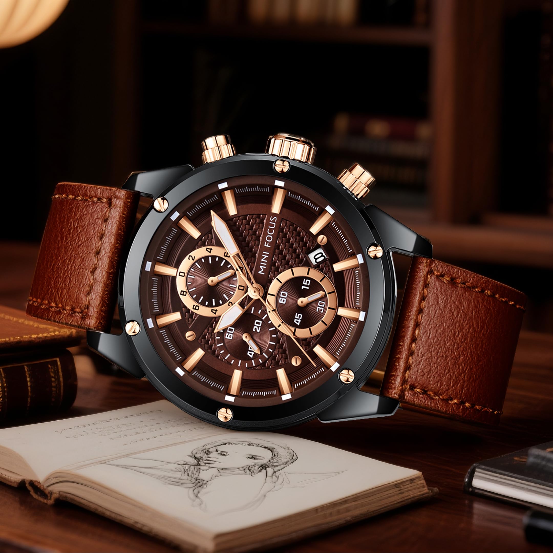 MF MINI FOCUS Men Watches Business Casual Wrist Watches (Multifunction/Waterproof/Luminous/Calendar) Genuine Leather Band Fashion Watch for Men