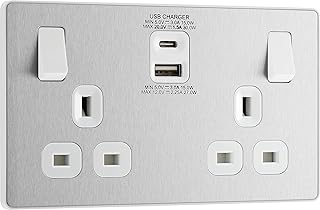 BG Electrical Evolve Double Switched Power Socket with USB C (30W) and USB A (2.1A) Charging Ports (3.1A), 13A, Brushed Steel